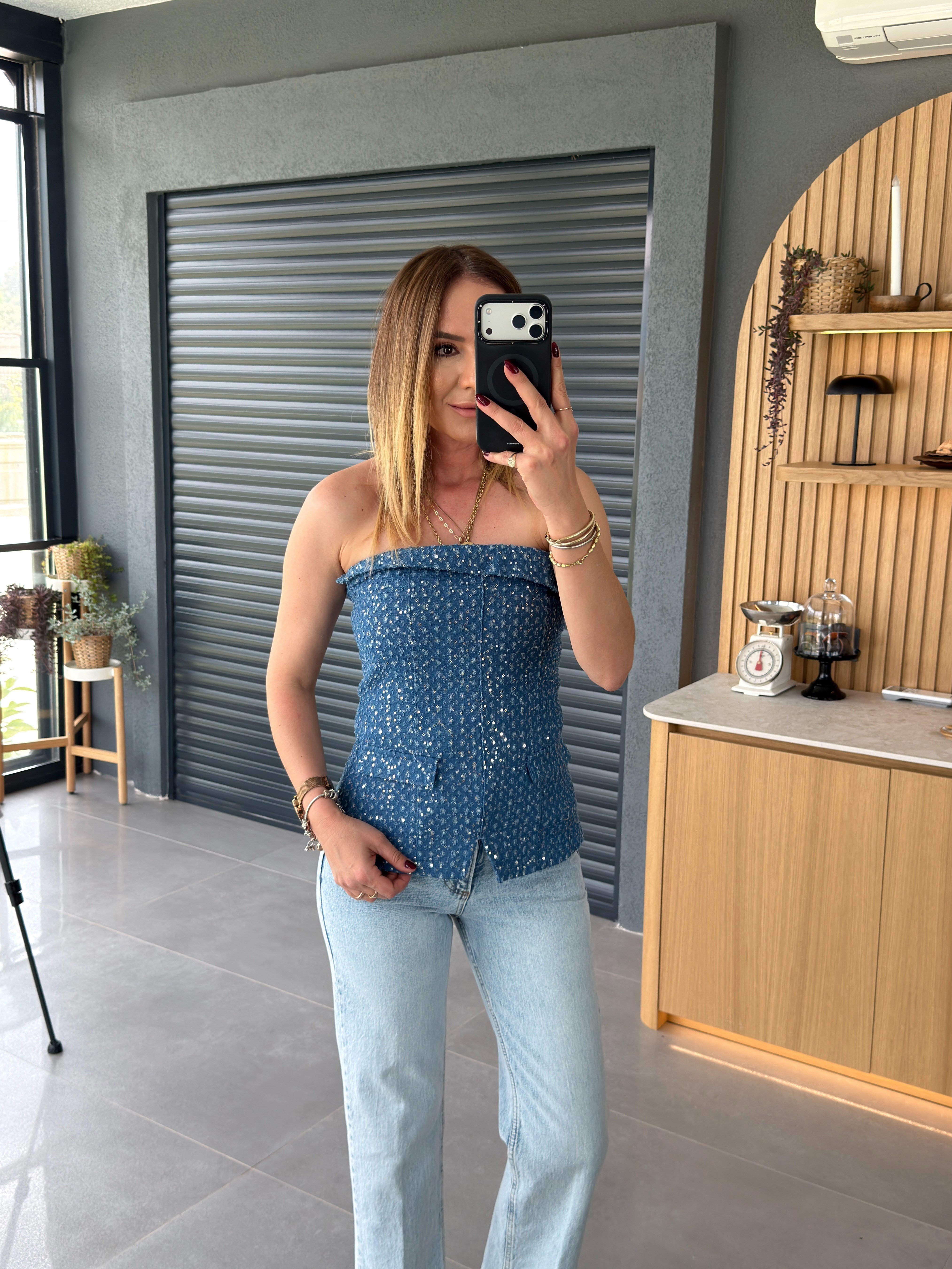 Pullu Straplez Bluz İNDİGO