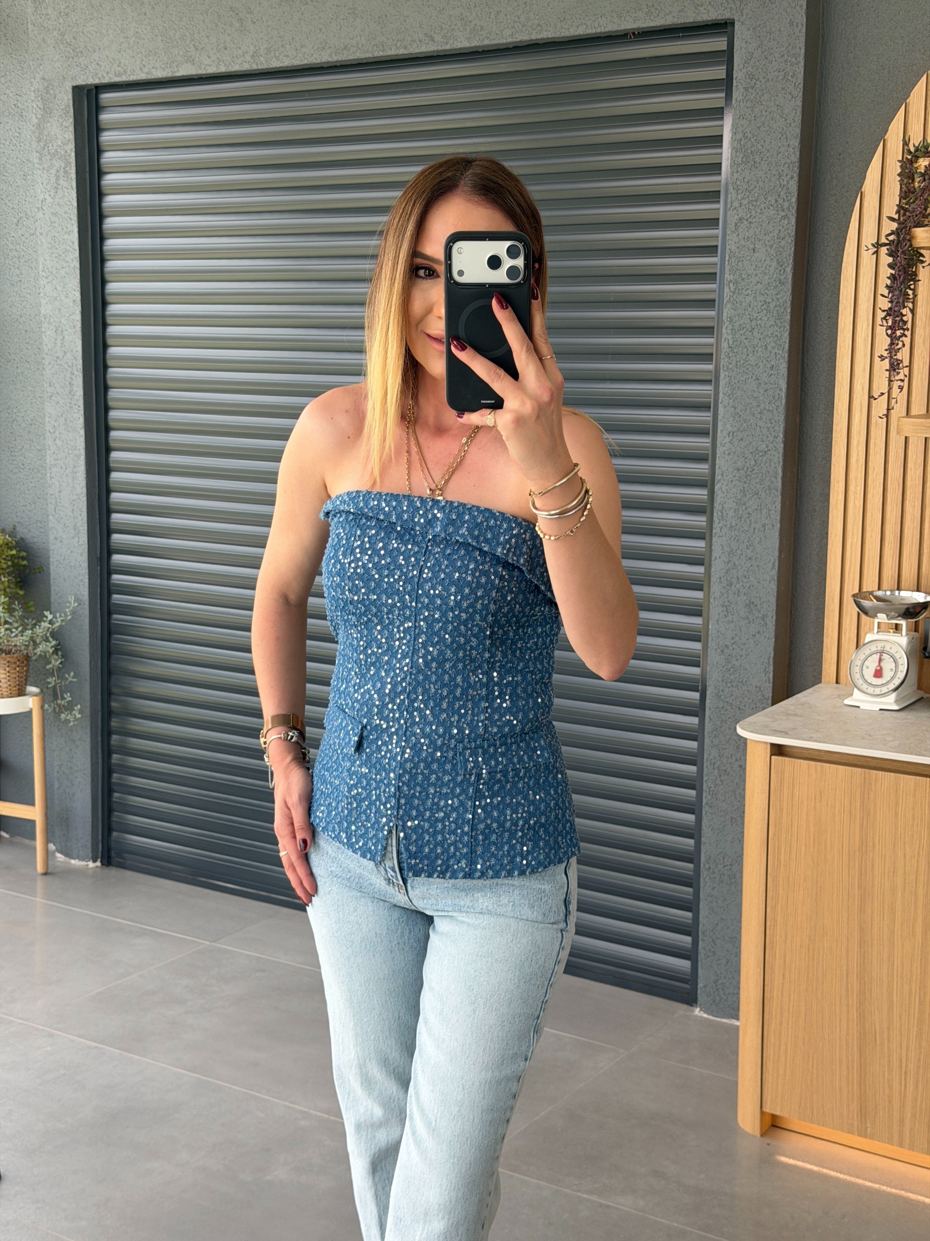 Pullu Straplez Bluz İNDİGO
