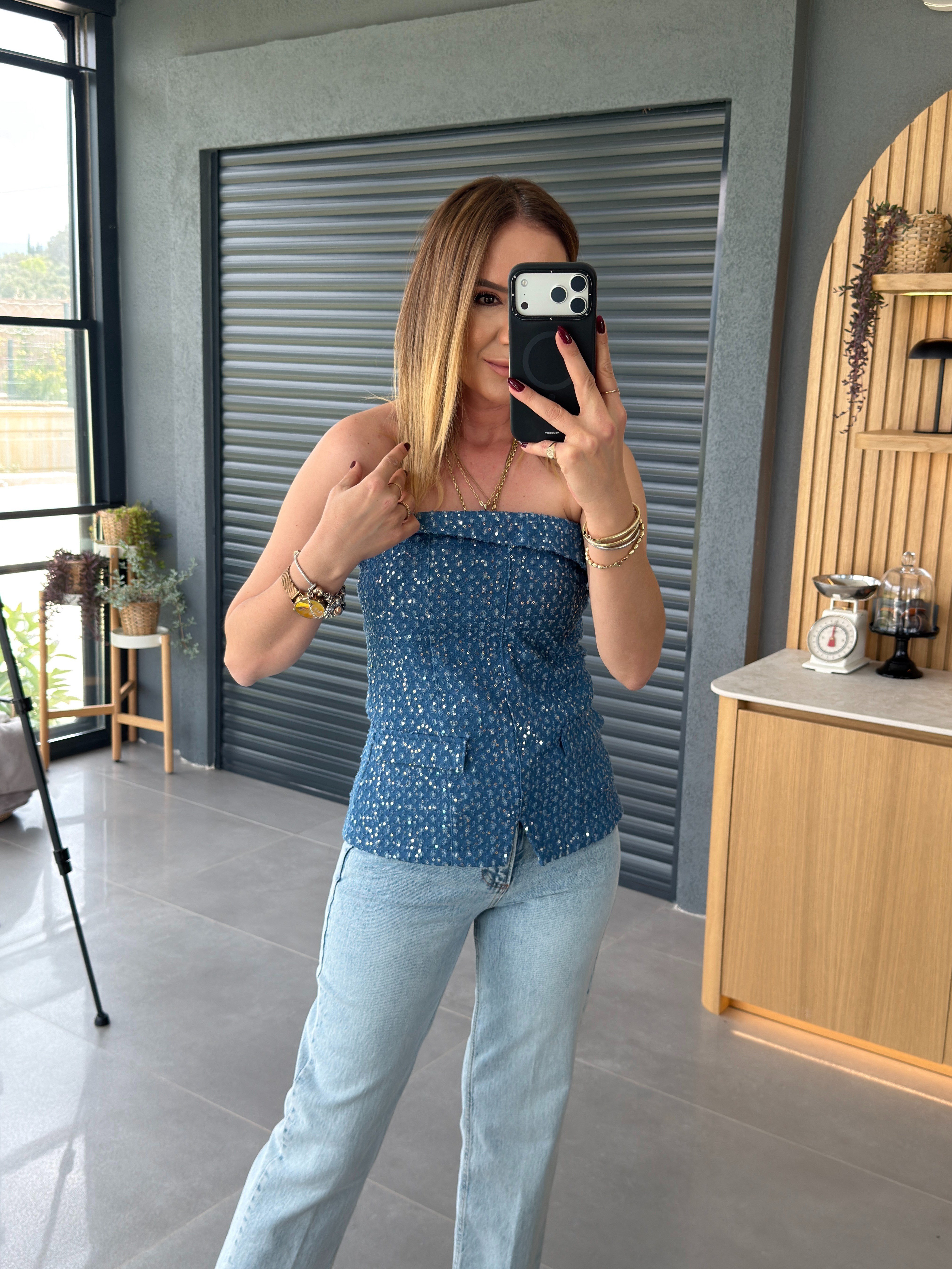 Pullu Straplez Bluz İNDİGO