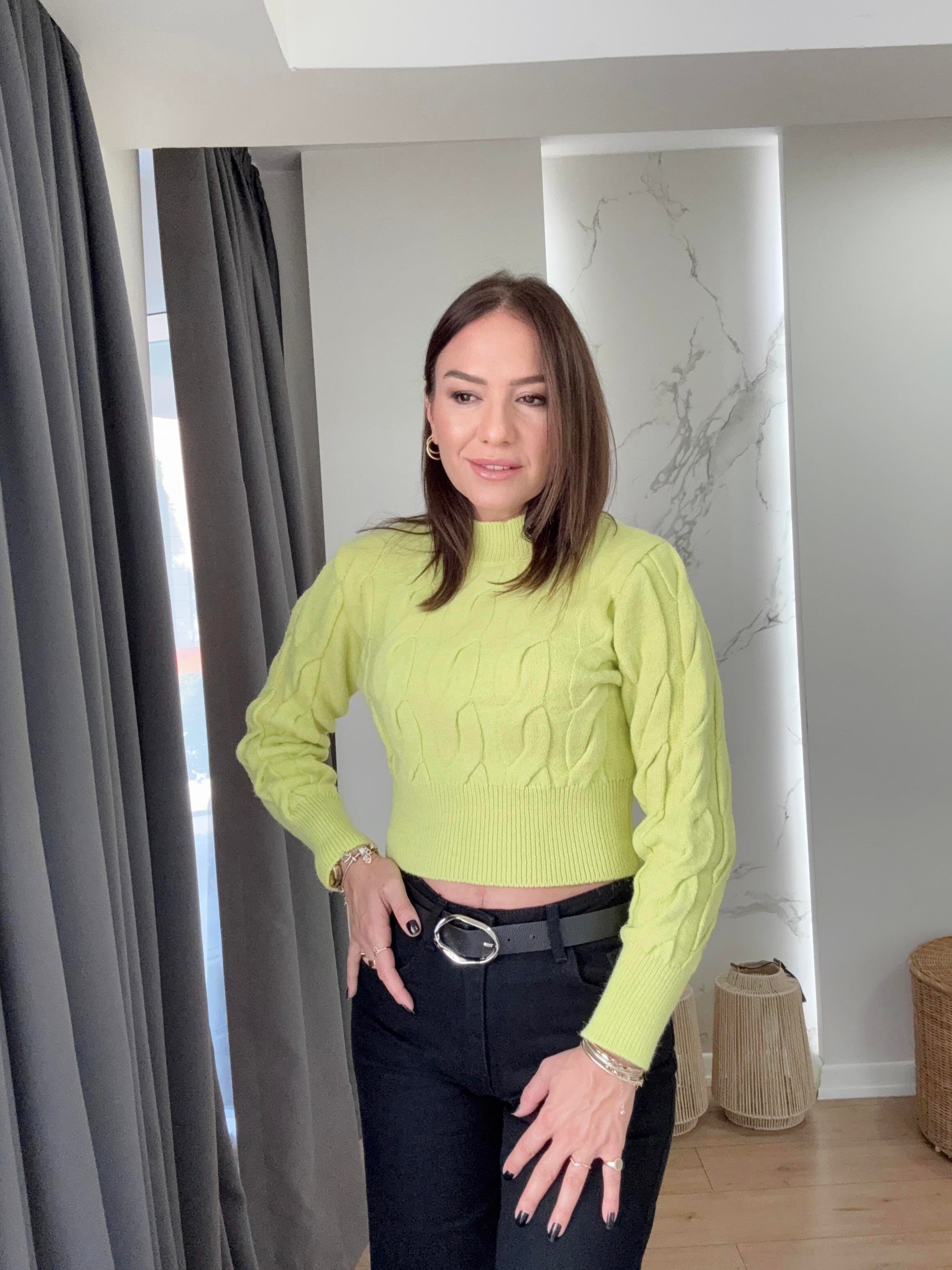 Saç Örgülü Kazak NEON YEŞİL