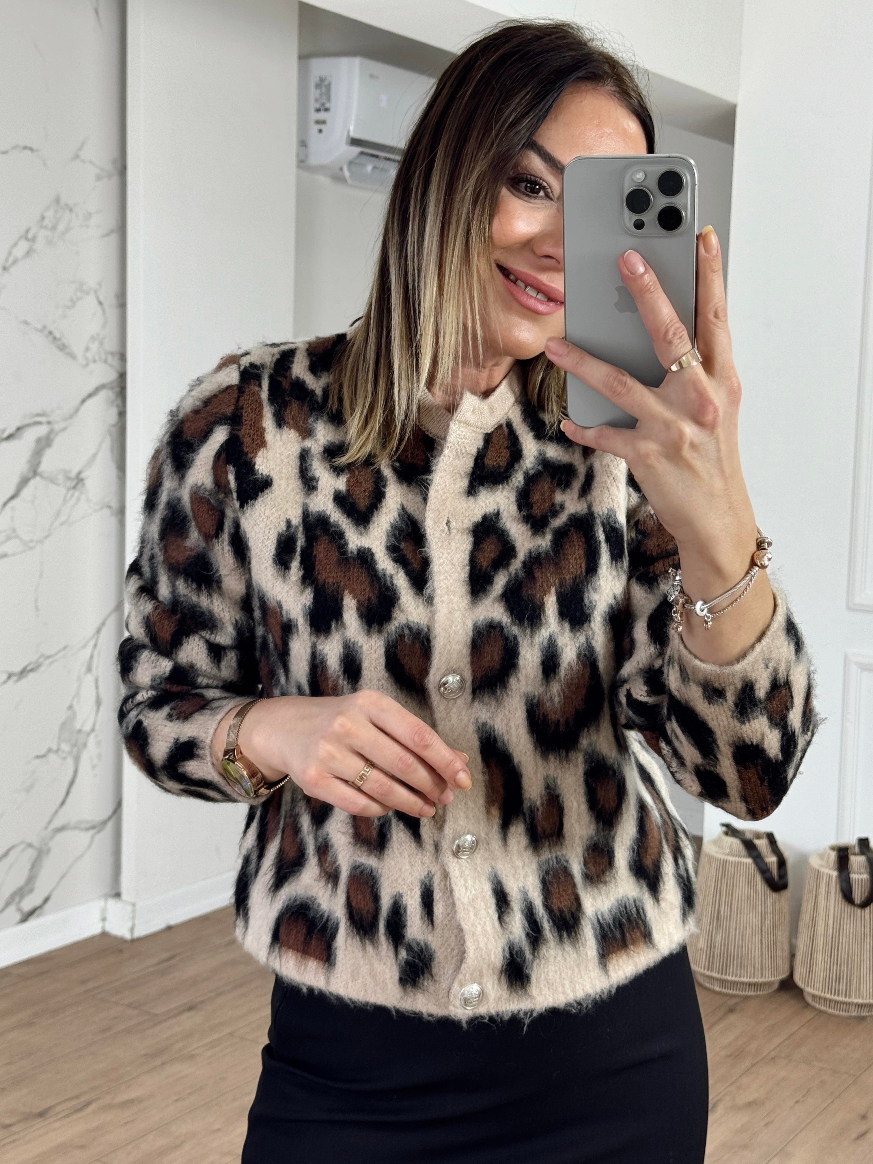 Şardonlu Leopar Desen Hırka BEJ