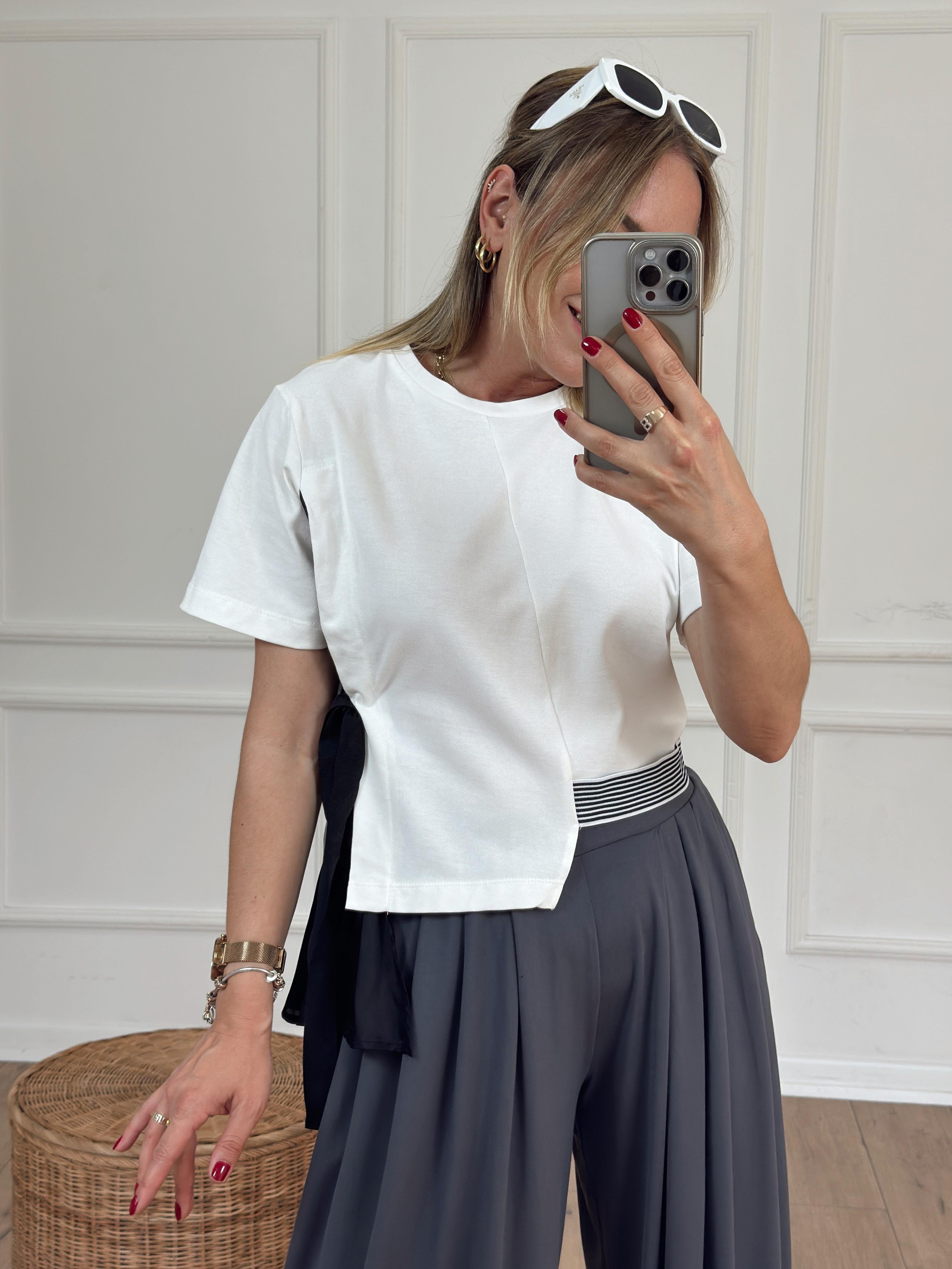 Şerit Detaylı Bağlamalı Tshirt BEYAZ