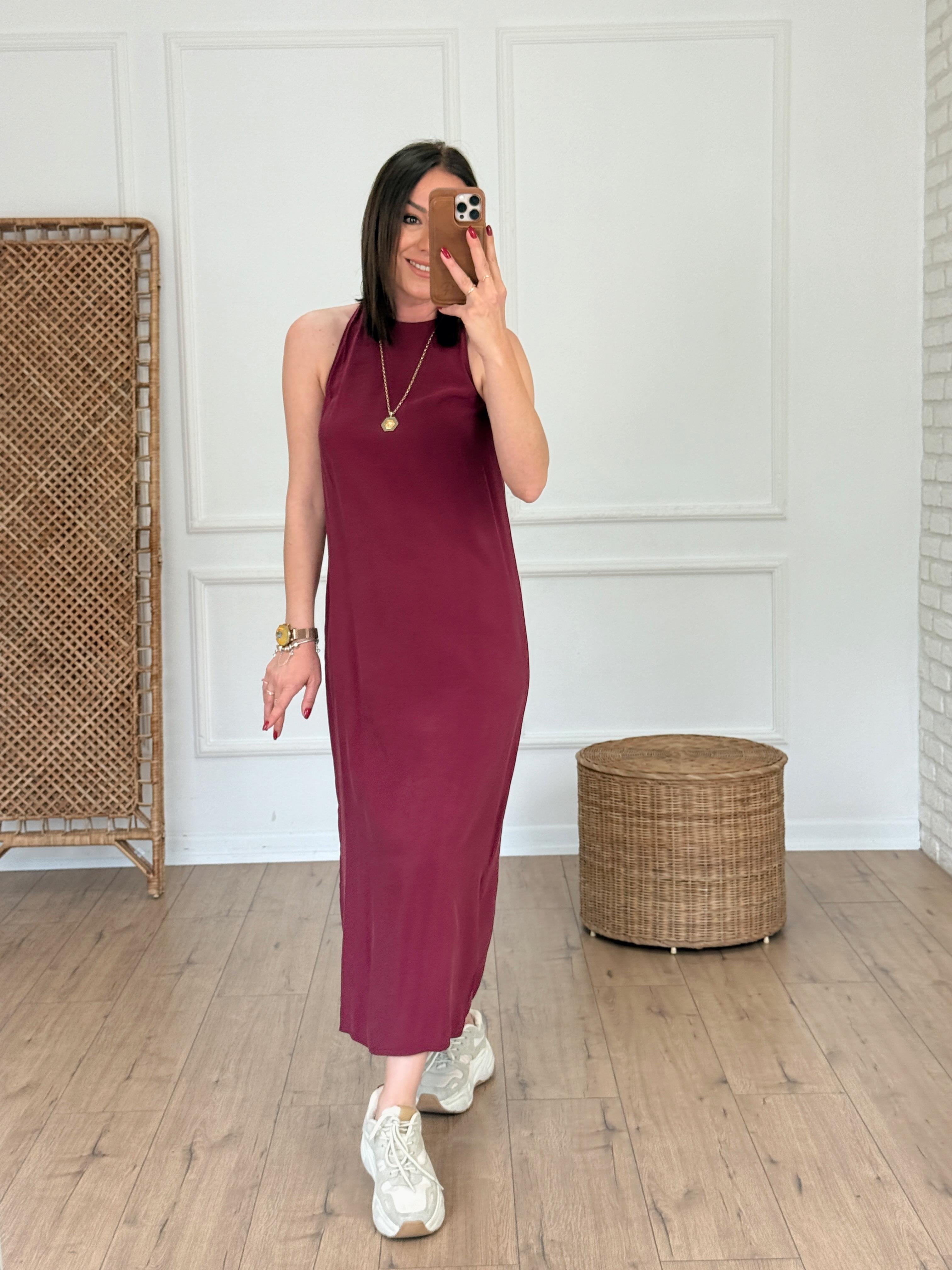 Sıfır Kol Yanı Yırtmaçlı Elbise BORDO