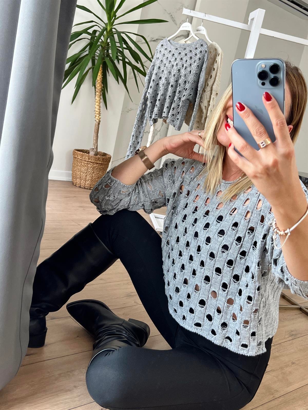 Simli Ajurlu Crop Triko GRİ
