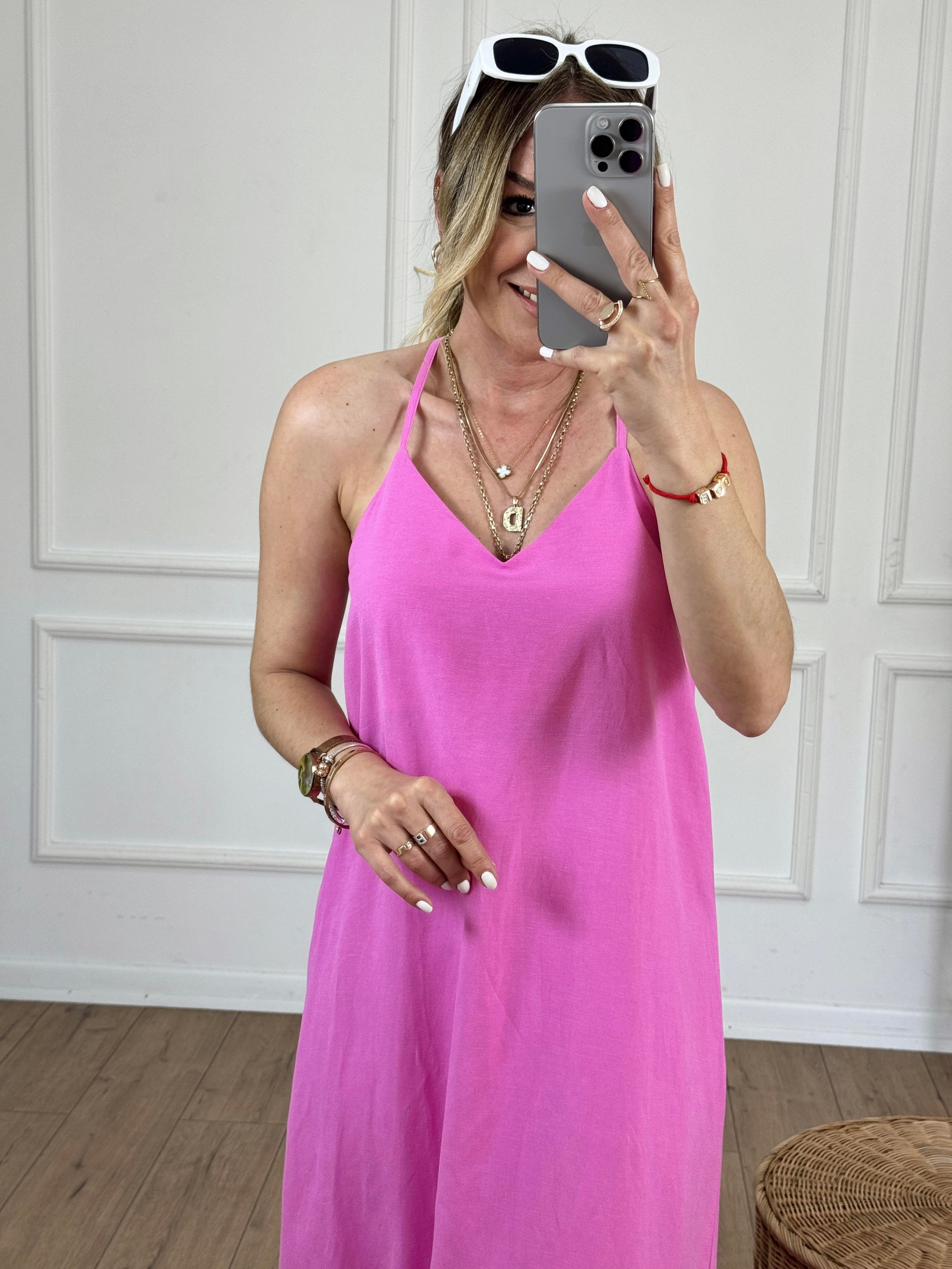 Sırtı Pencereli Keten Elbise PEMBE