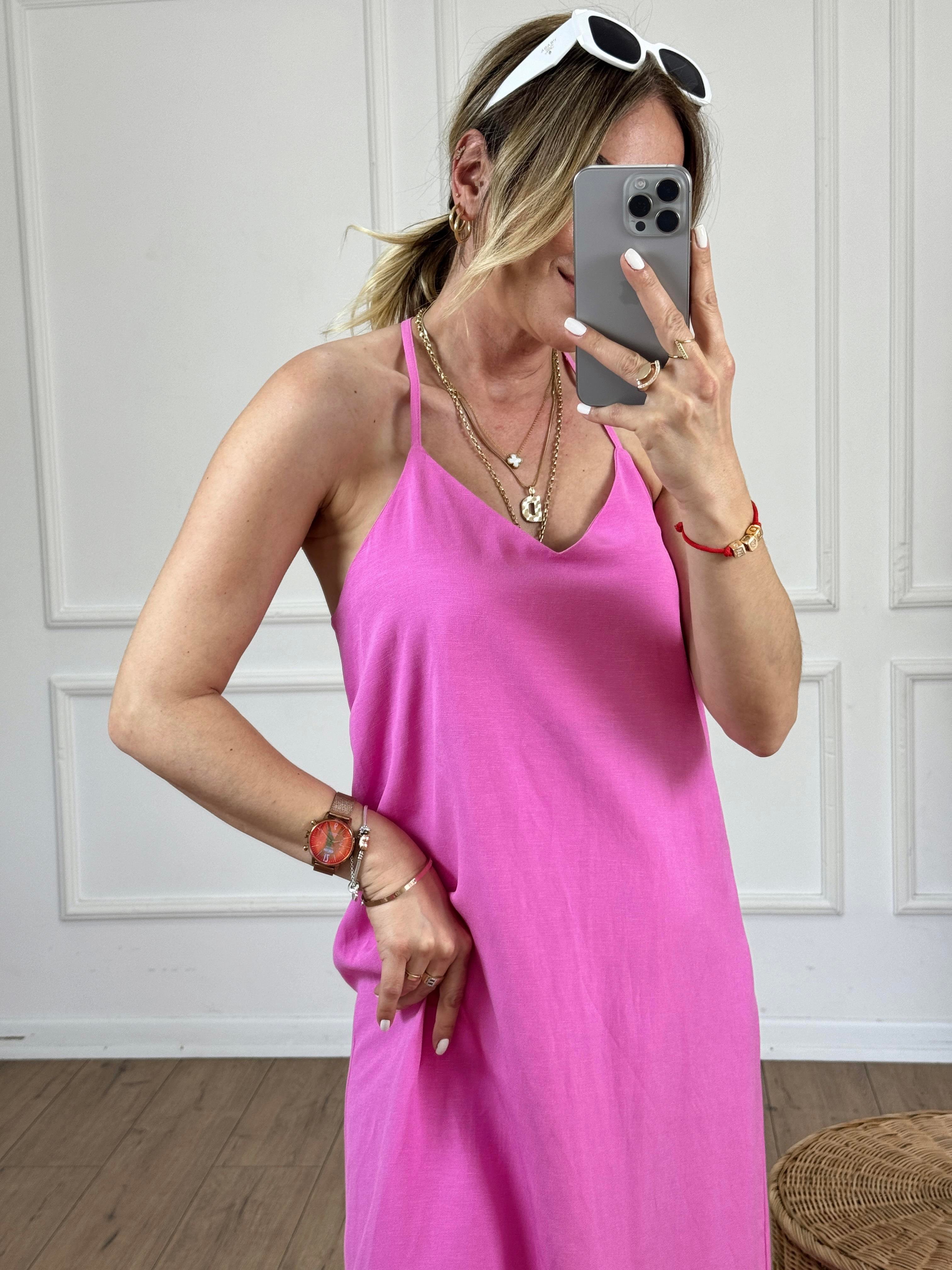 Sırtı Pencereli Keten Elbise PEMBE