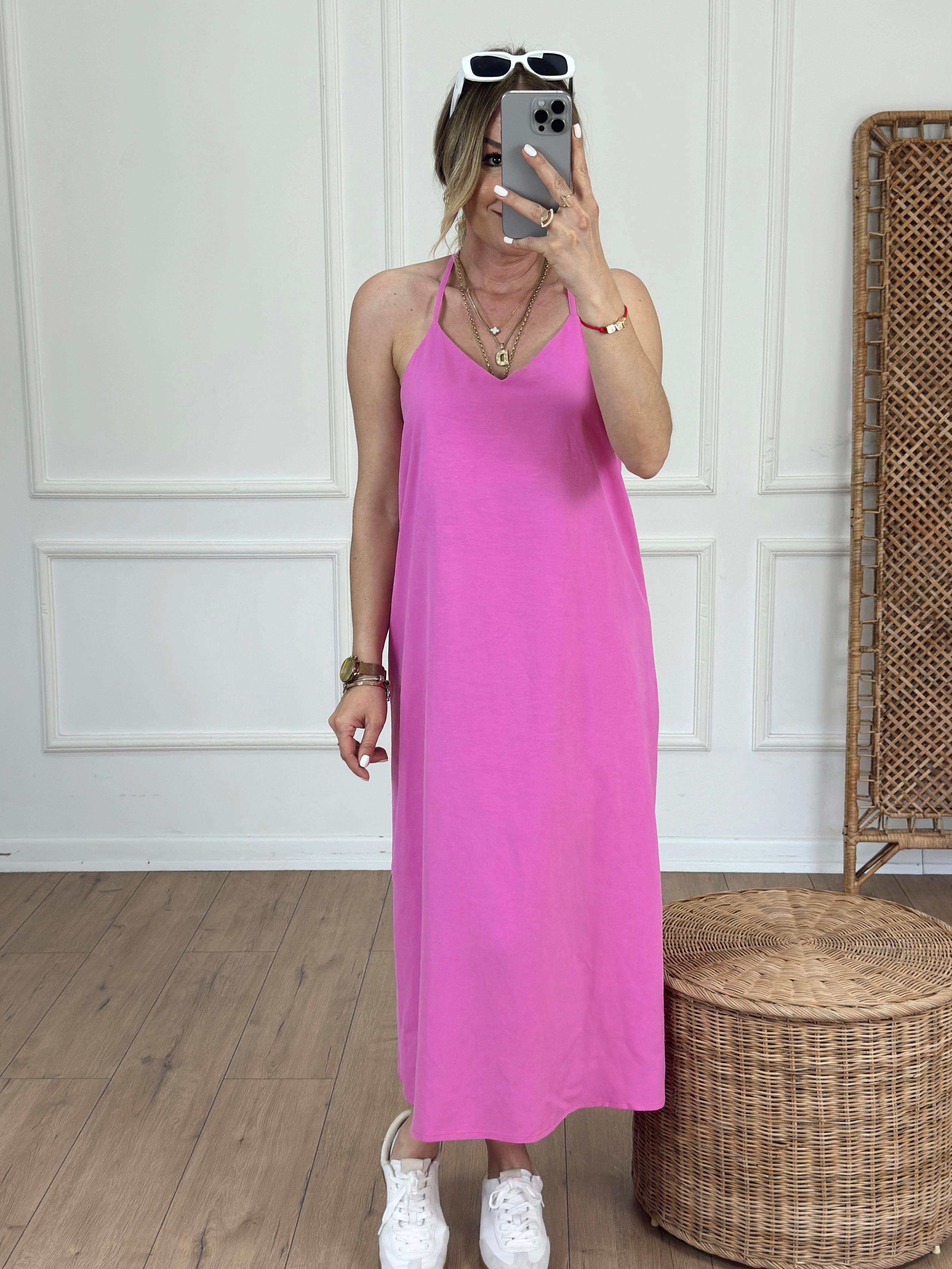 Sırtı Pencereli Keten Elbise PEMBE