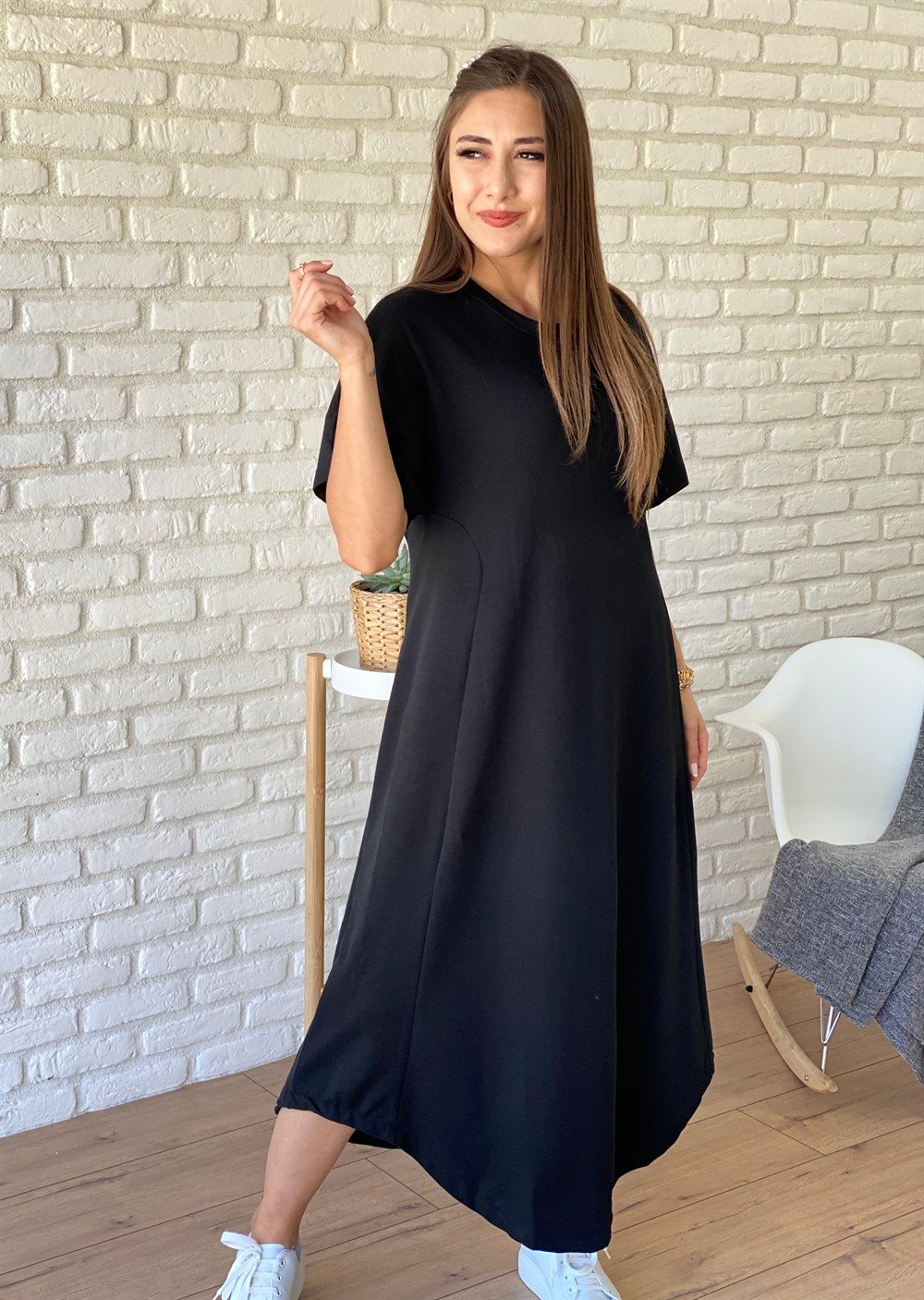 Siyah Kısa Kollu Penye Elbise