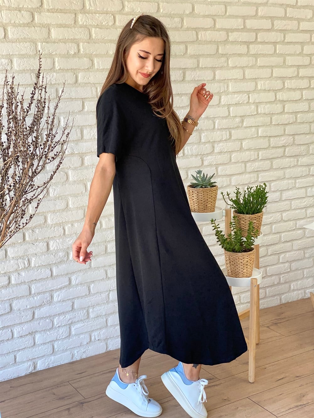 Siyah Kısa Kollu Penye Elbise