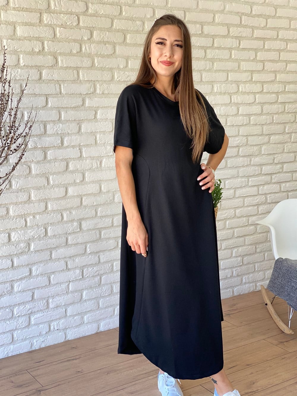 Siyah Kısa Kollu Penye Elbise