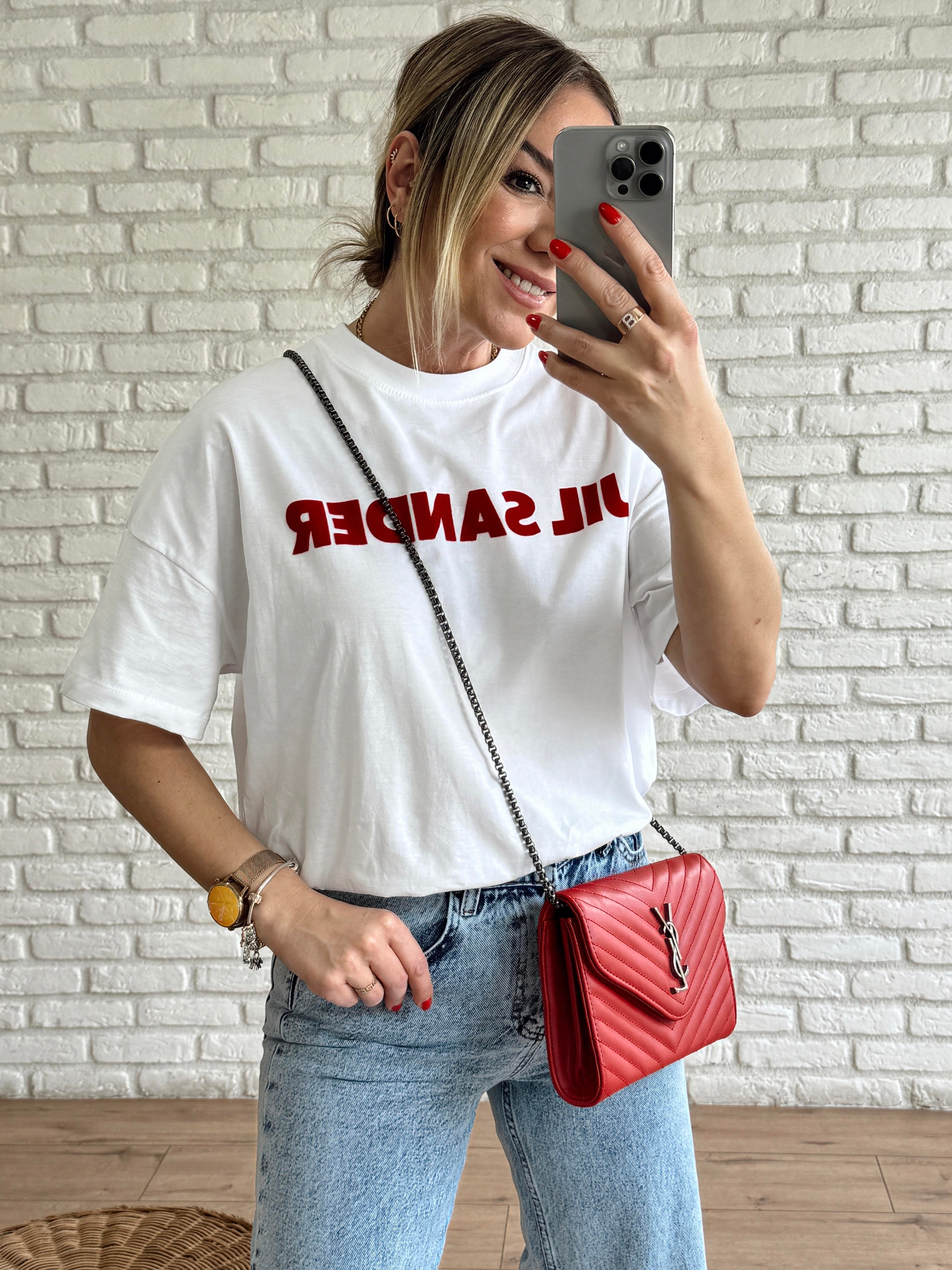 Süet Yazı Baskılı Tshirt BEYAZ