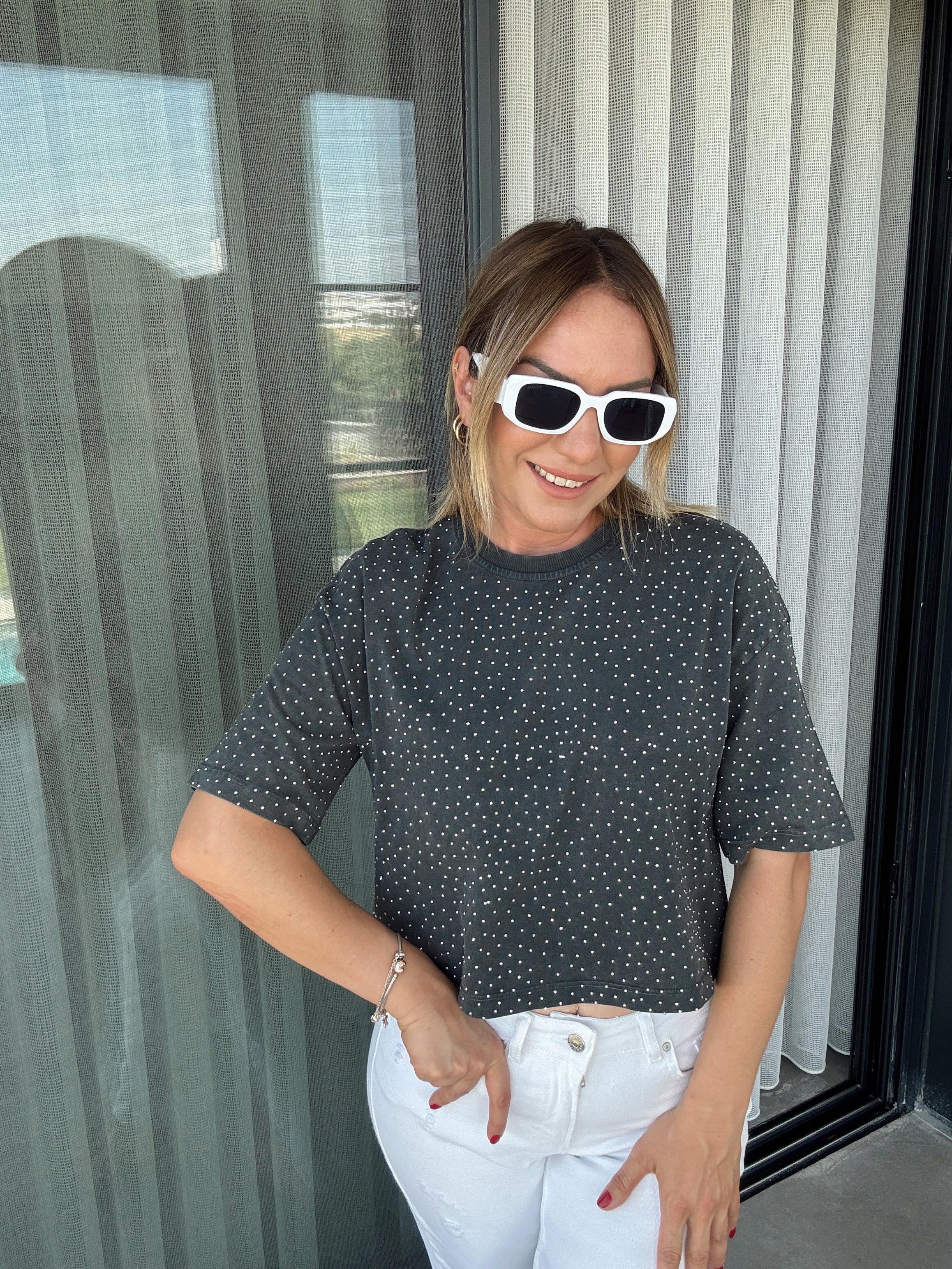 Taş Baskılı Crop Tshirt ANTRASİT