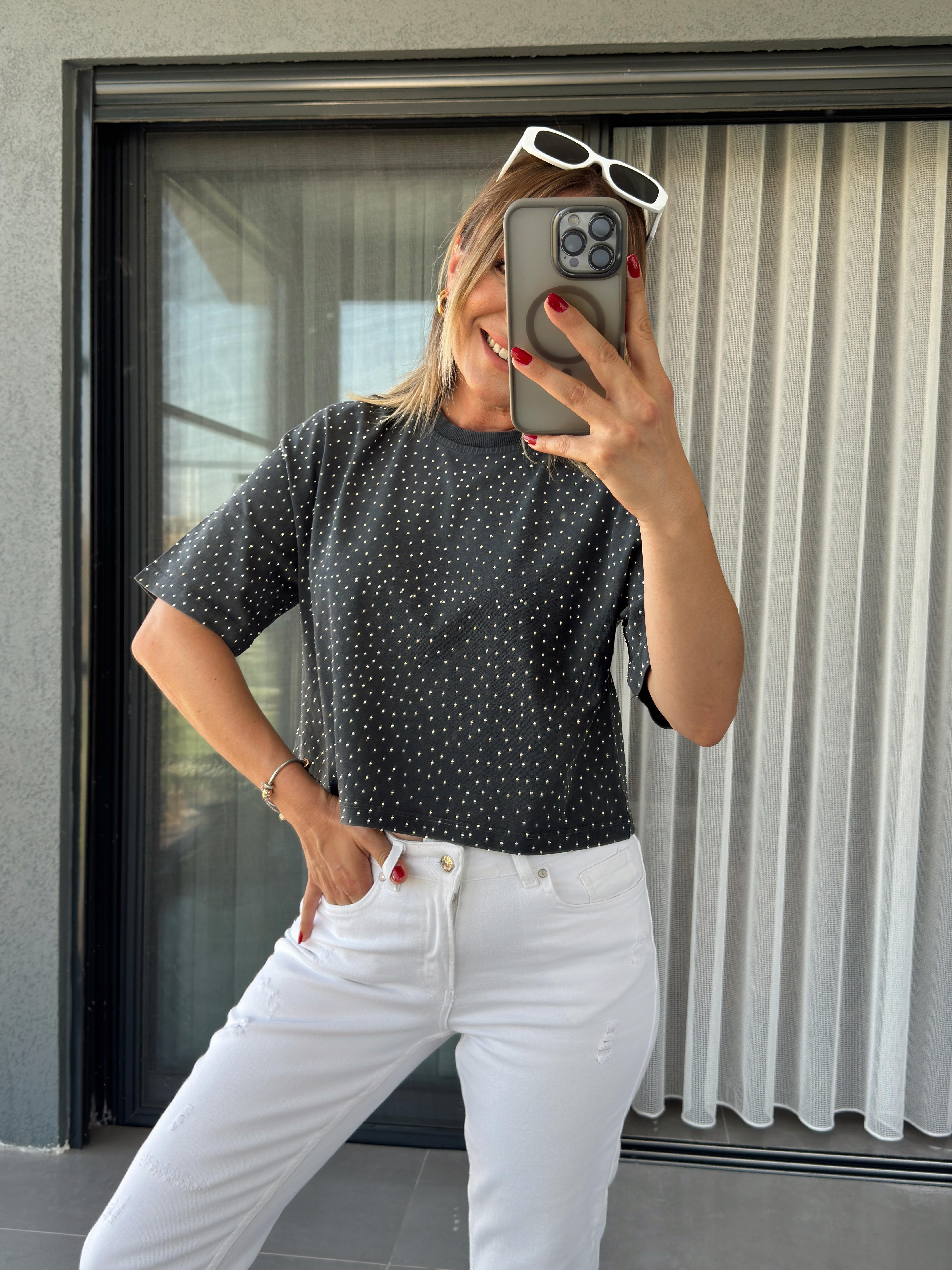 Taş Baskılı Crop Tshirt ANTRASİT
