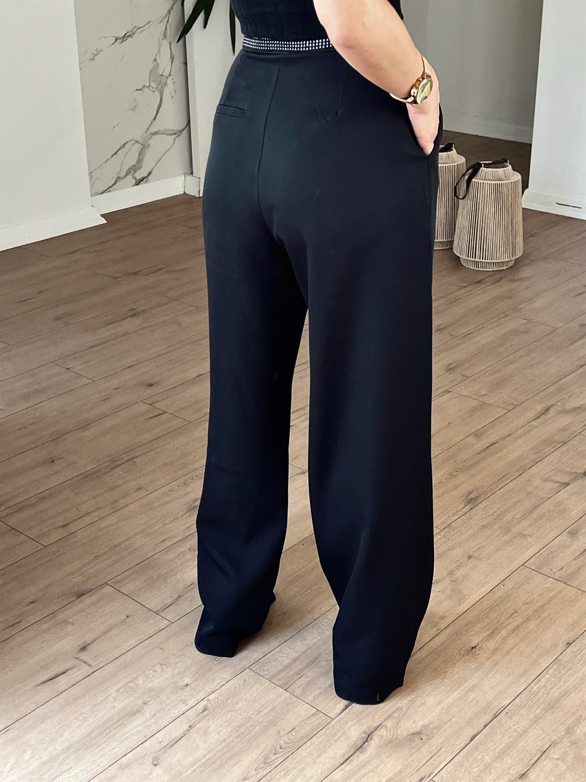 Taşlı Lastik Detaylı Pantolon SİYAH