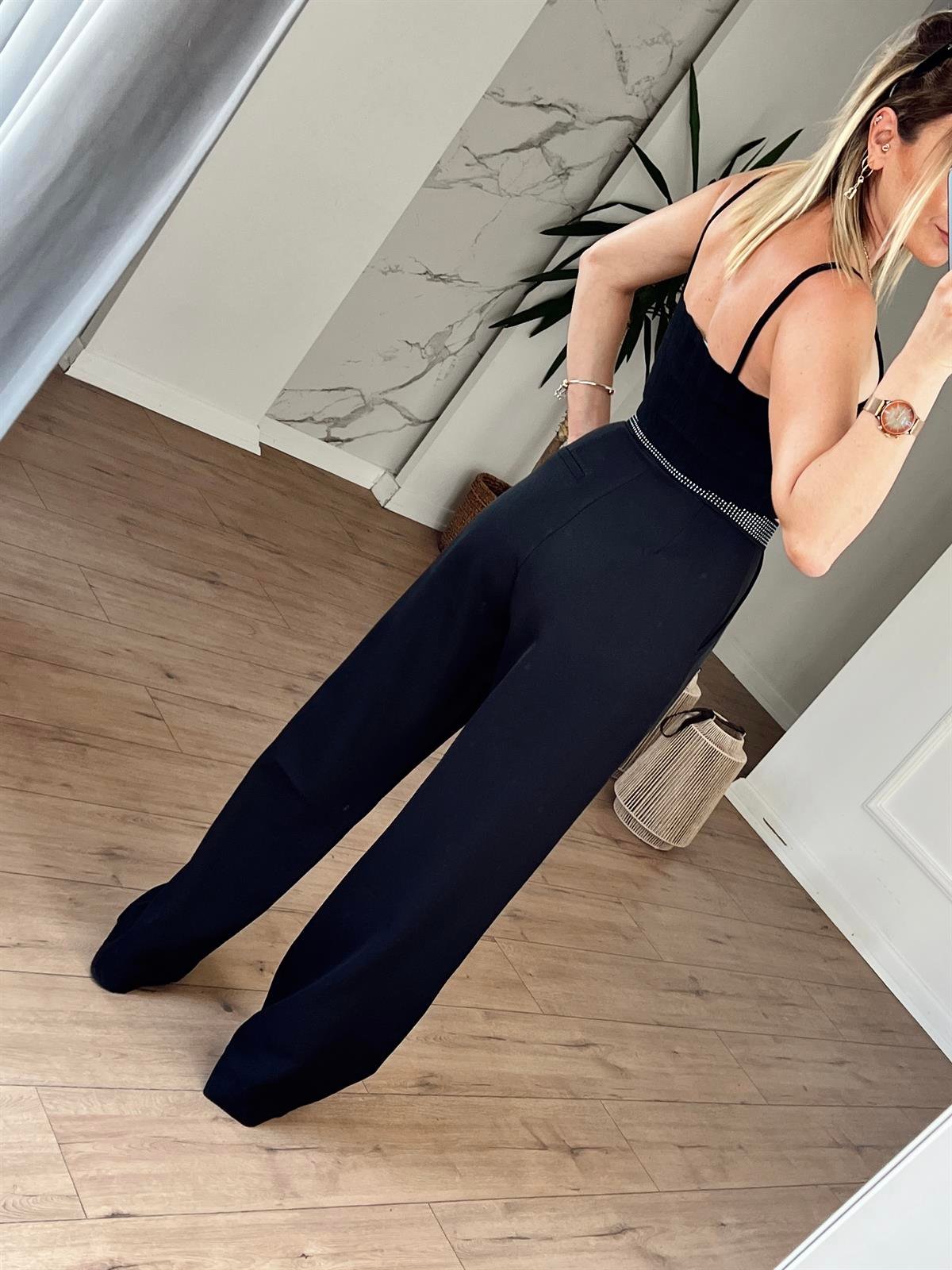 Taşlı Lastik Detaylı Pantolon SİYAH