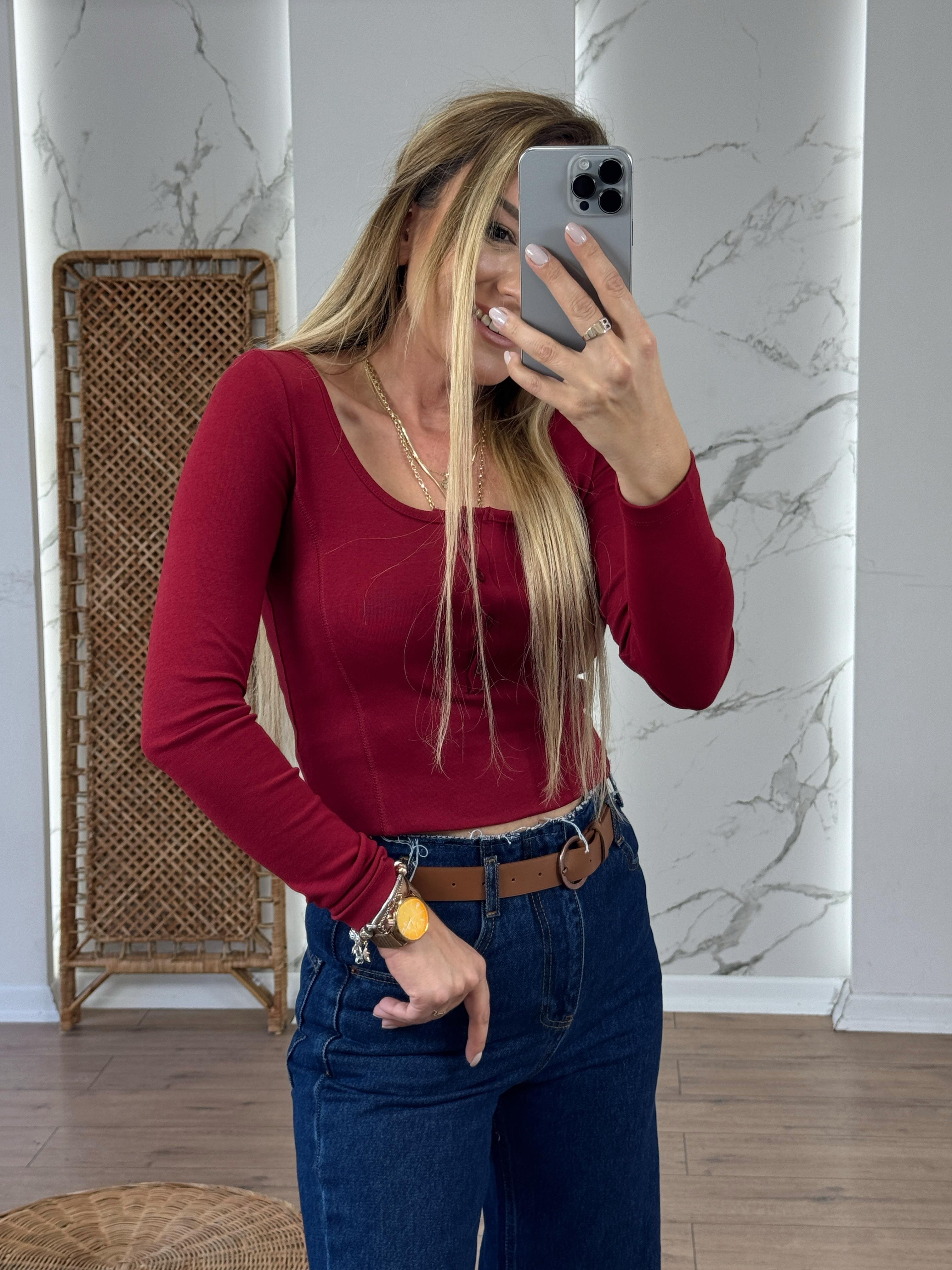U Yaka Düğmeli Uzun Kollu Body BORDO