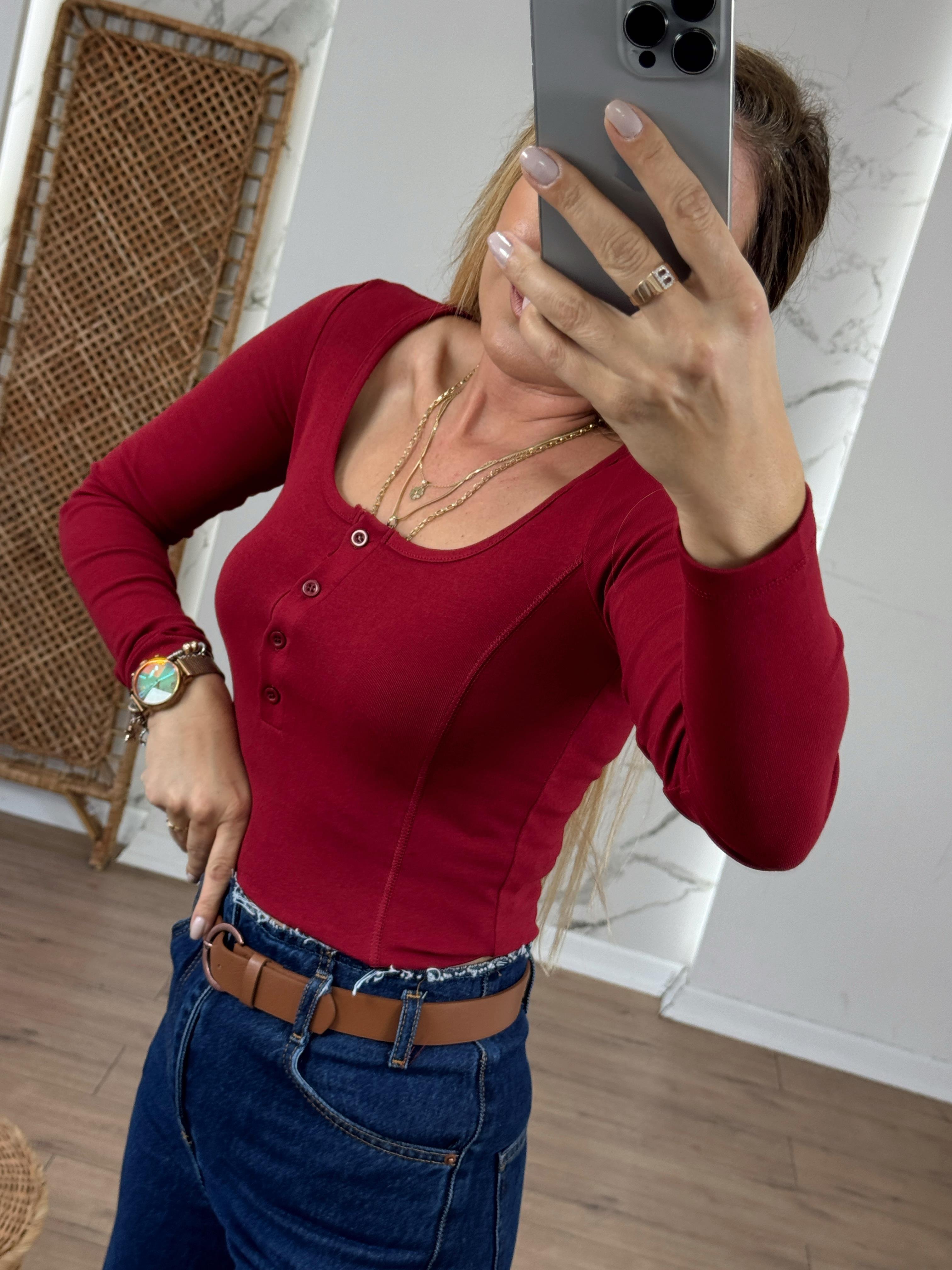 U Yaka Düğmeli Uzun Kollu Body BORDO