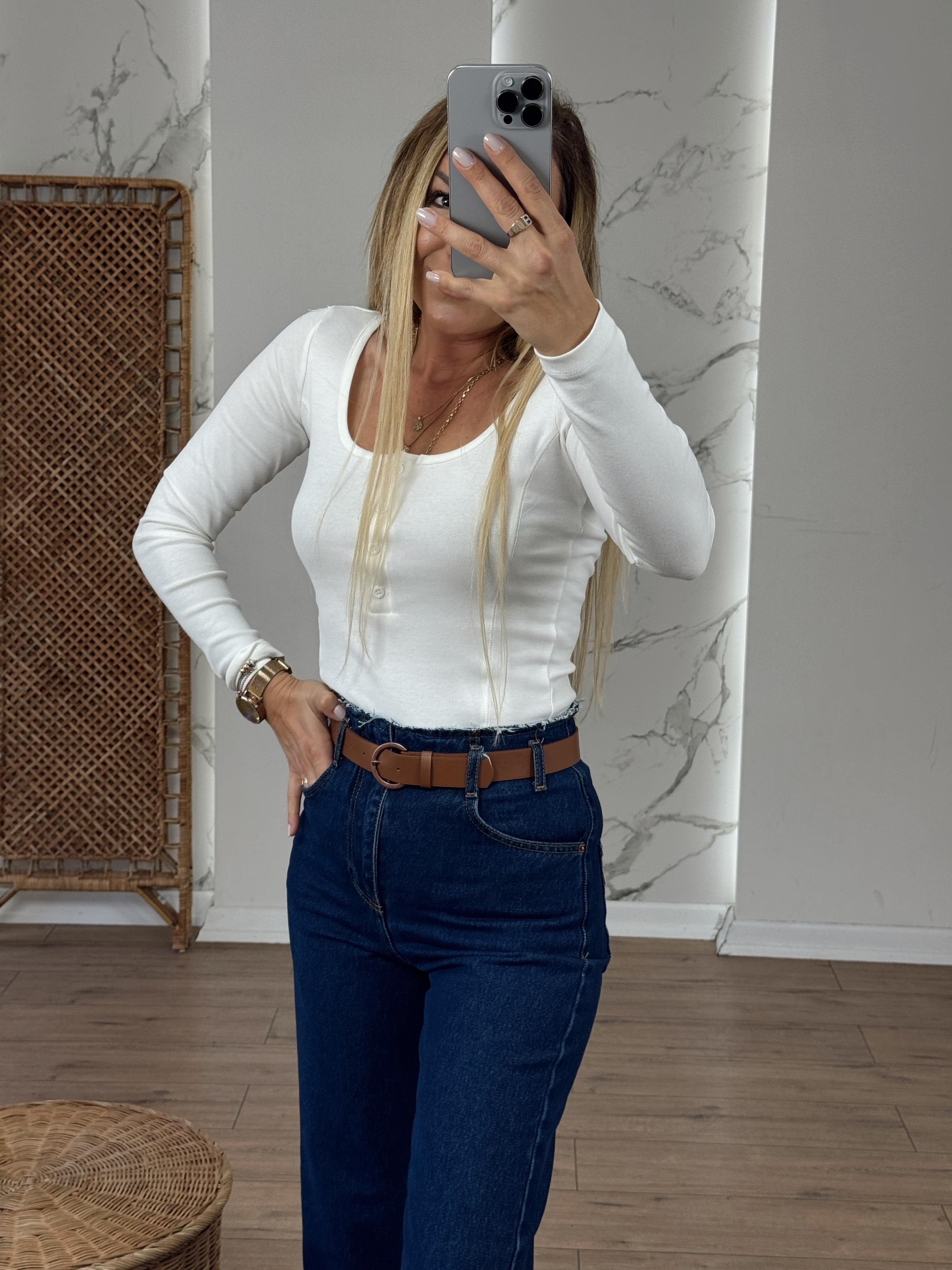 U Yaka Düğmeli Uzun Kollu Body EKRU