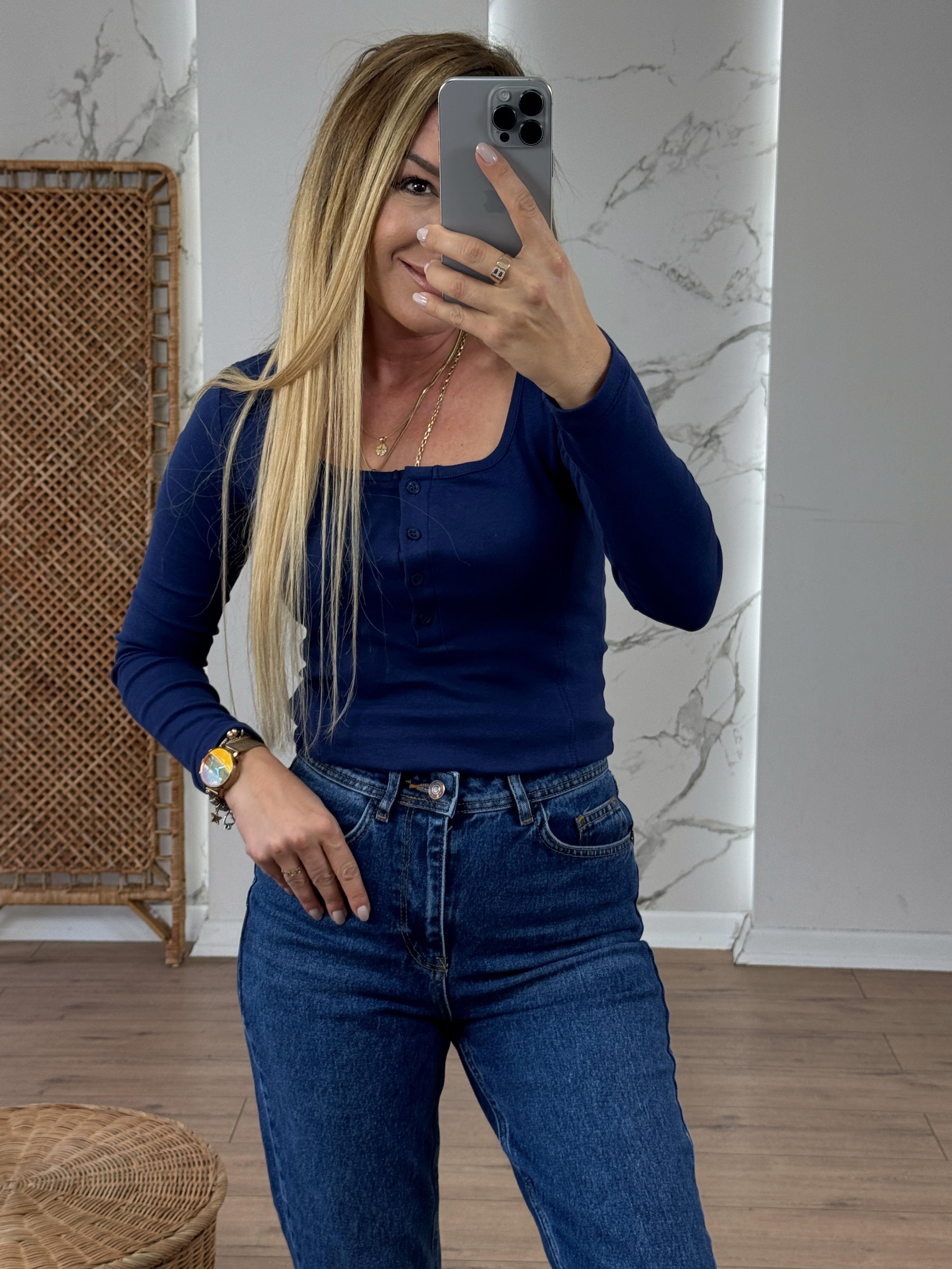 U Yaka Düğmeli Uzun Kollu Body LACİVERT