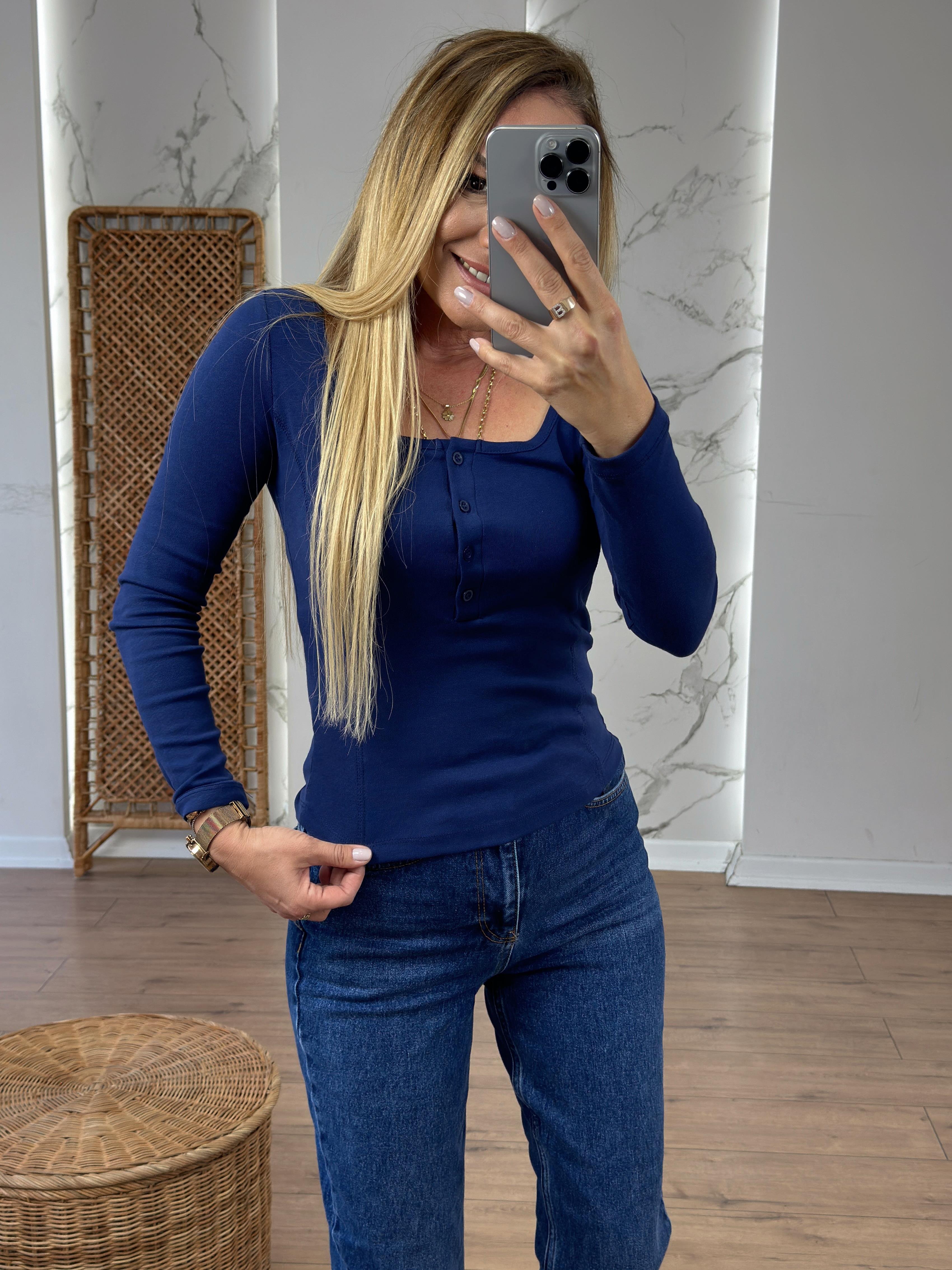 U Yaka Düğmeli Uzun Kollu Body LACİVERT