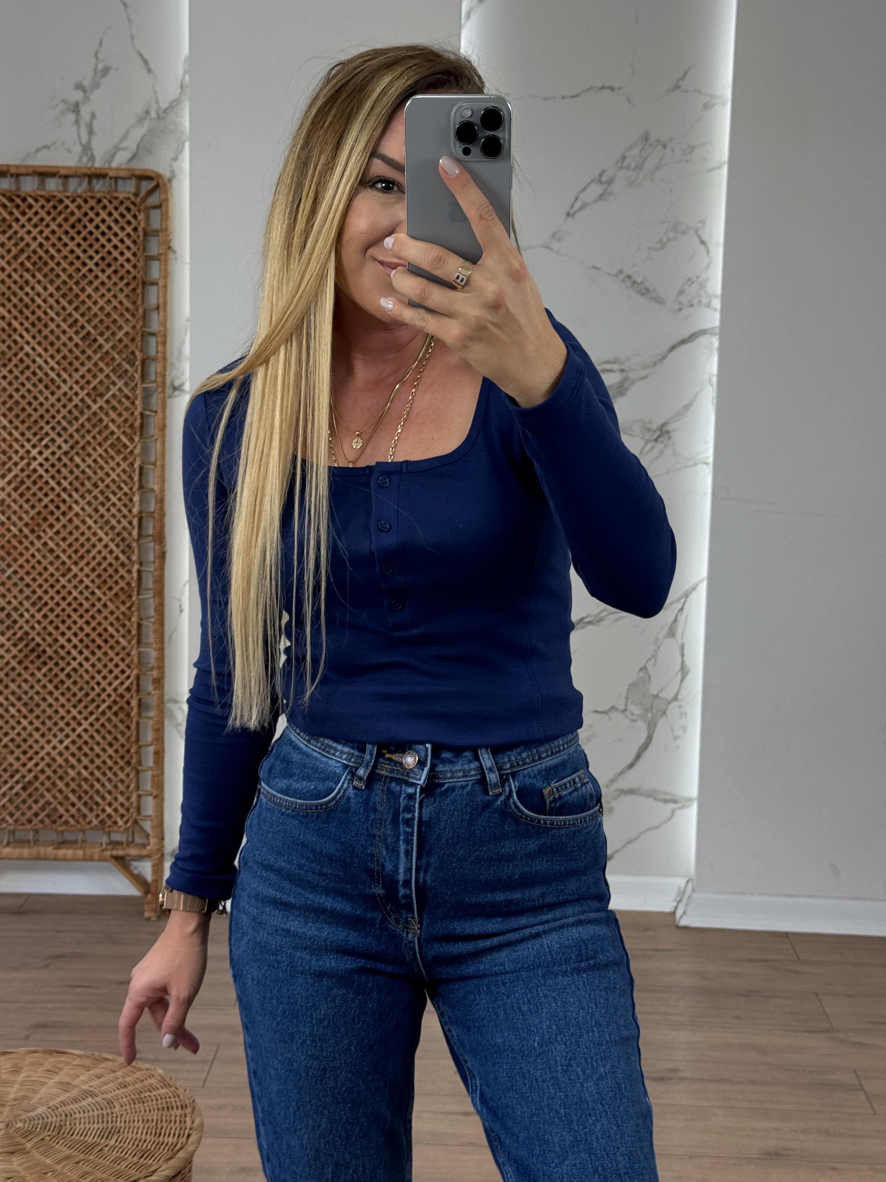 U Yaka Düğmeli Uzun Kollu Body LACİVERT