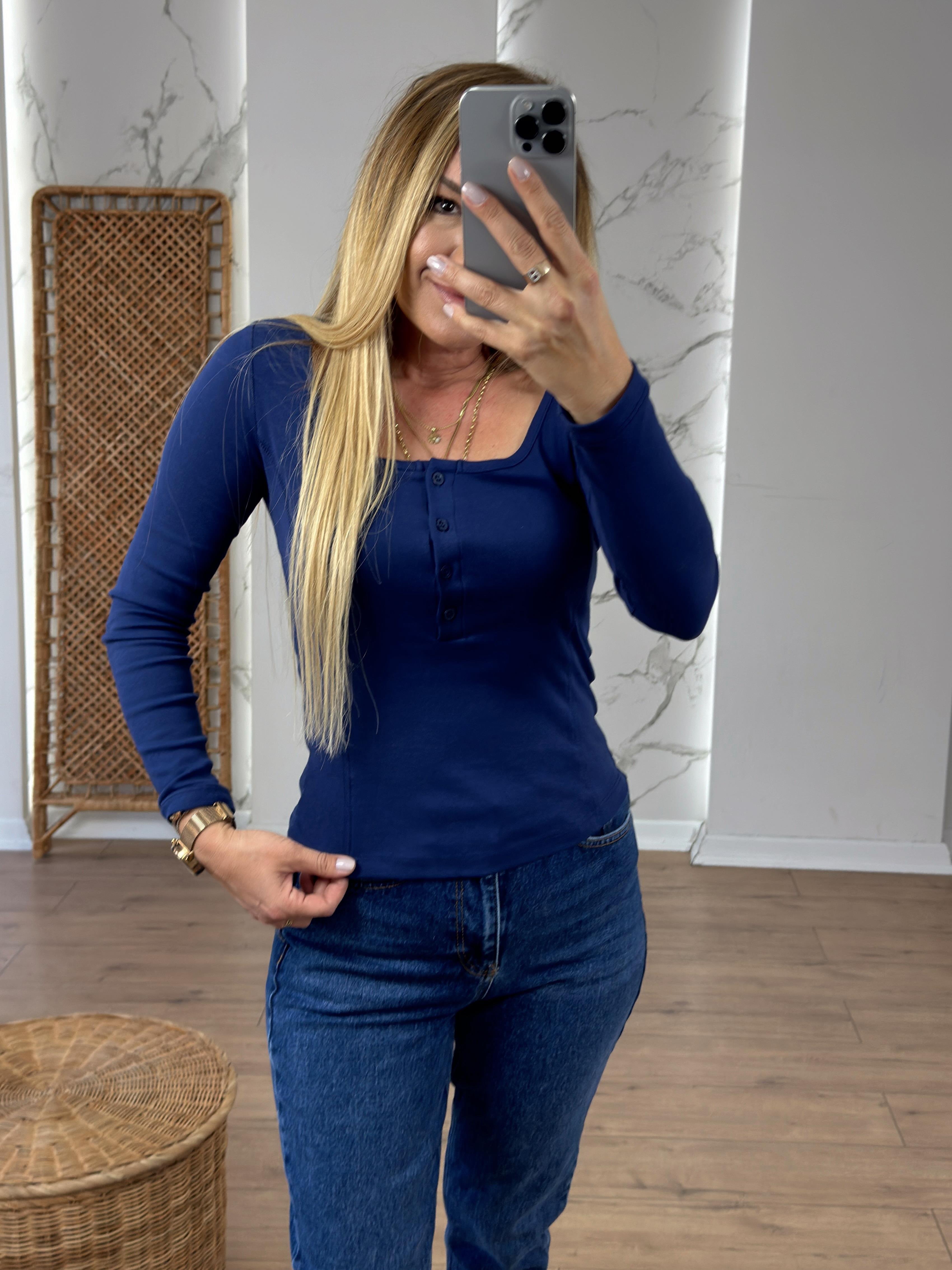 U Yaka Düğmeli Uzun Kollu Body LACİVERT