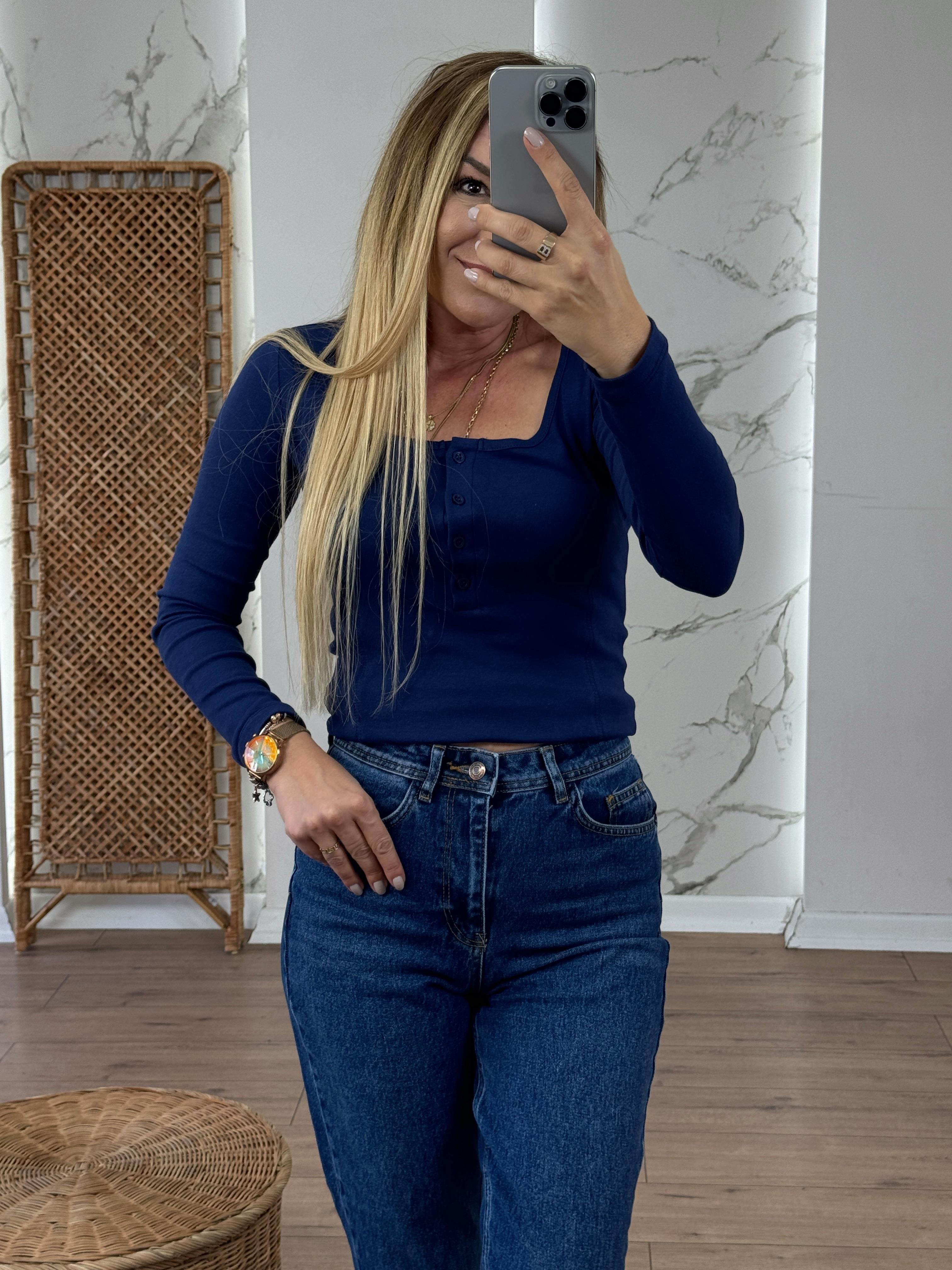 U Yaka Düğmeli Uzun Kollu Body LACİVERT