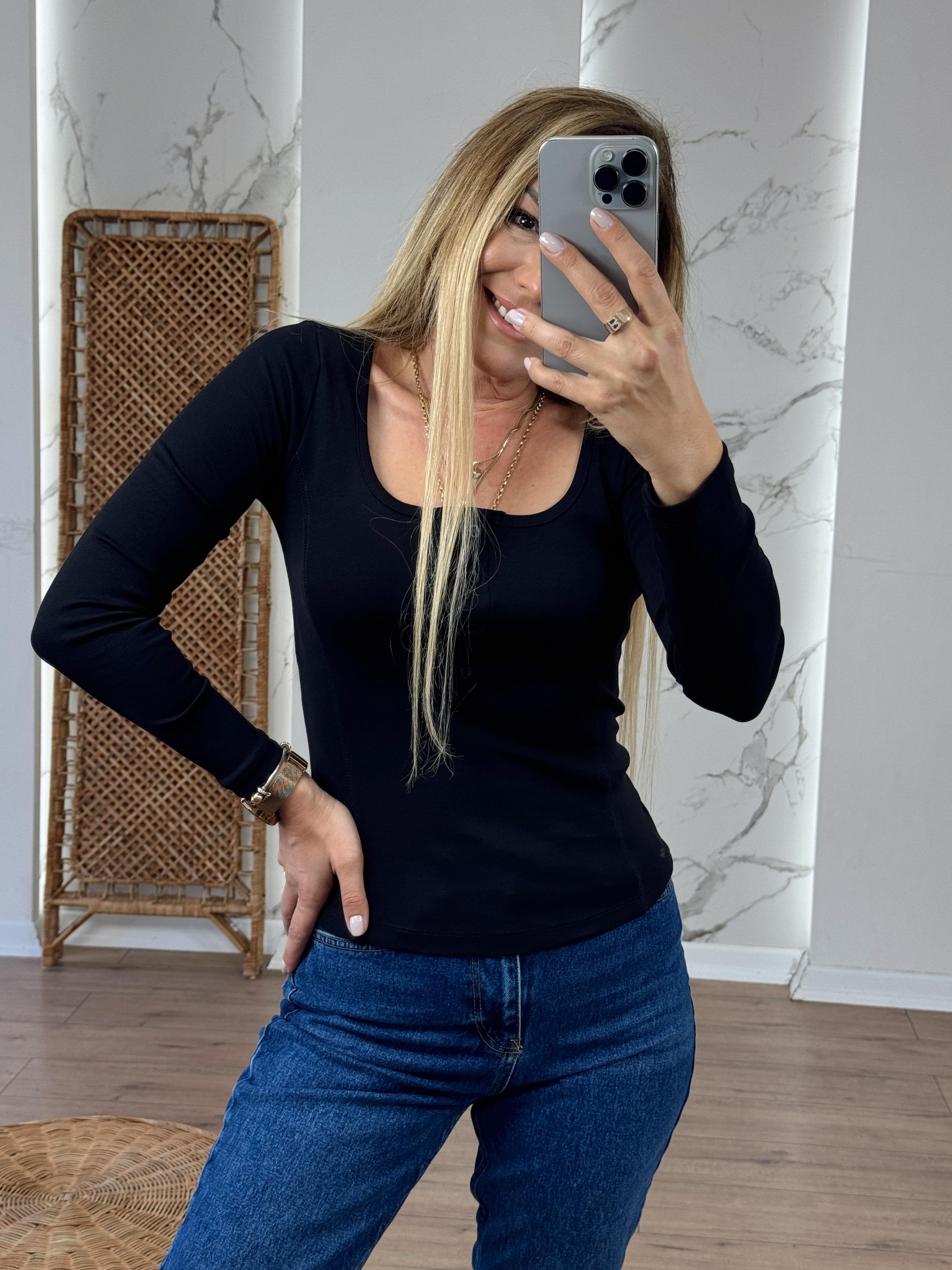 U Yaka Düğmeli Uzun Kollu Body SİYAH
