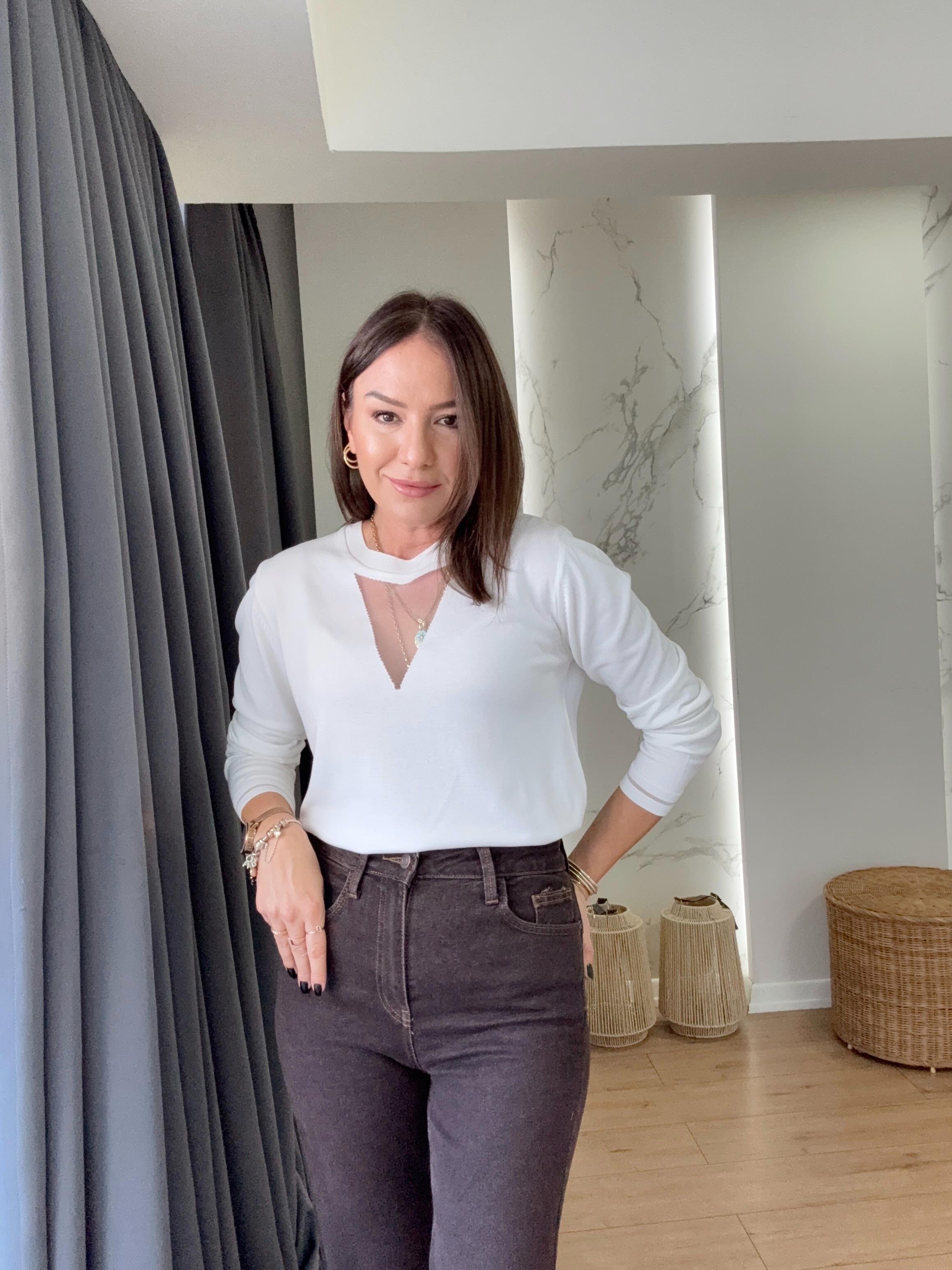 Üçgen Simli Transparan Detaylı Triko EKRU