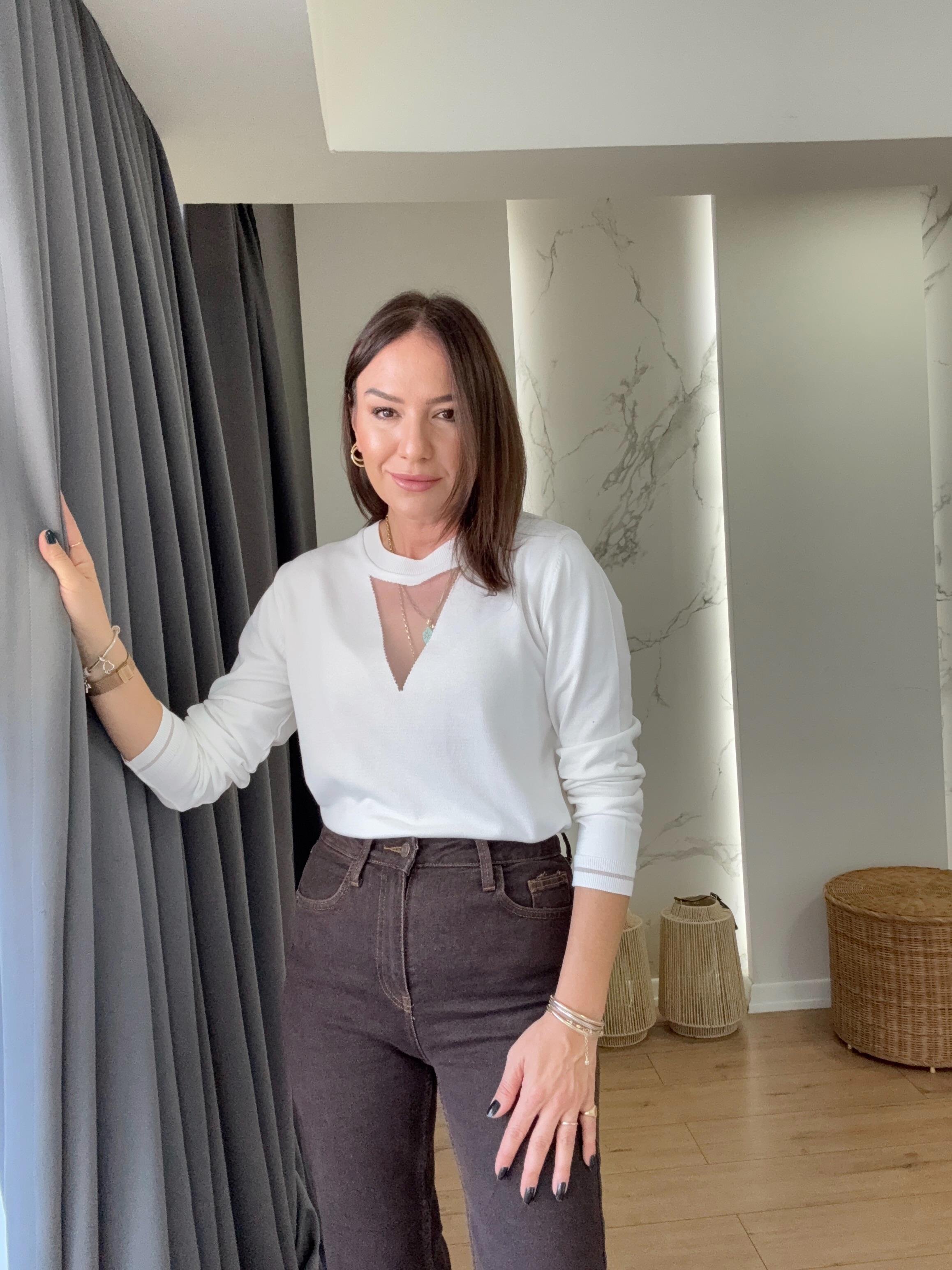 Üçgen Simli Transparan Detaylı Triko EKRU