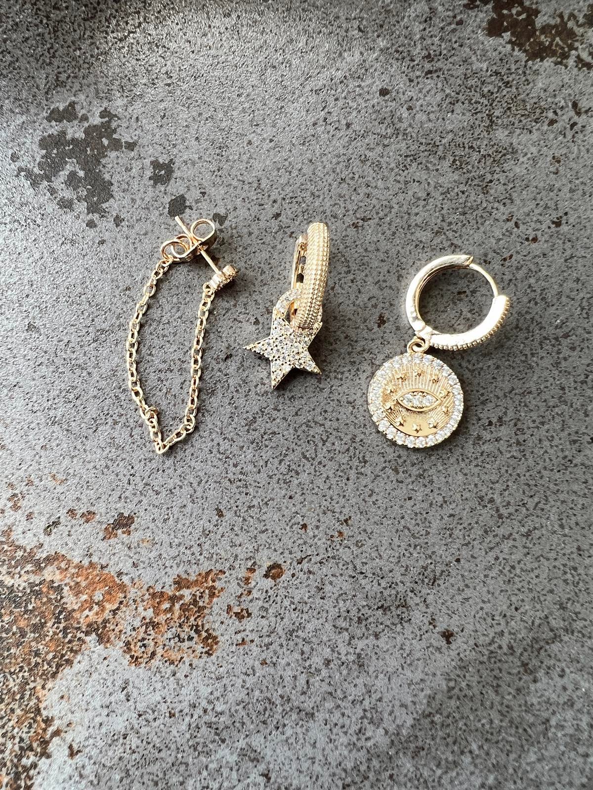 Üçlü Yıldız Çelik Set Küpe GOLD