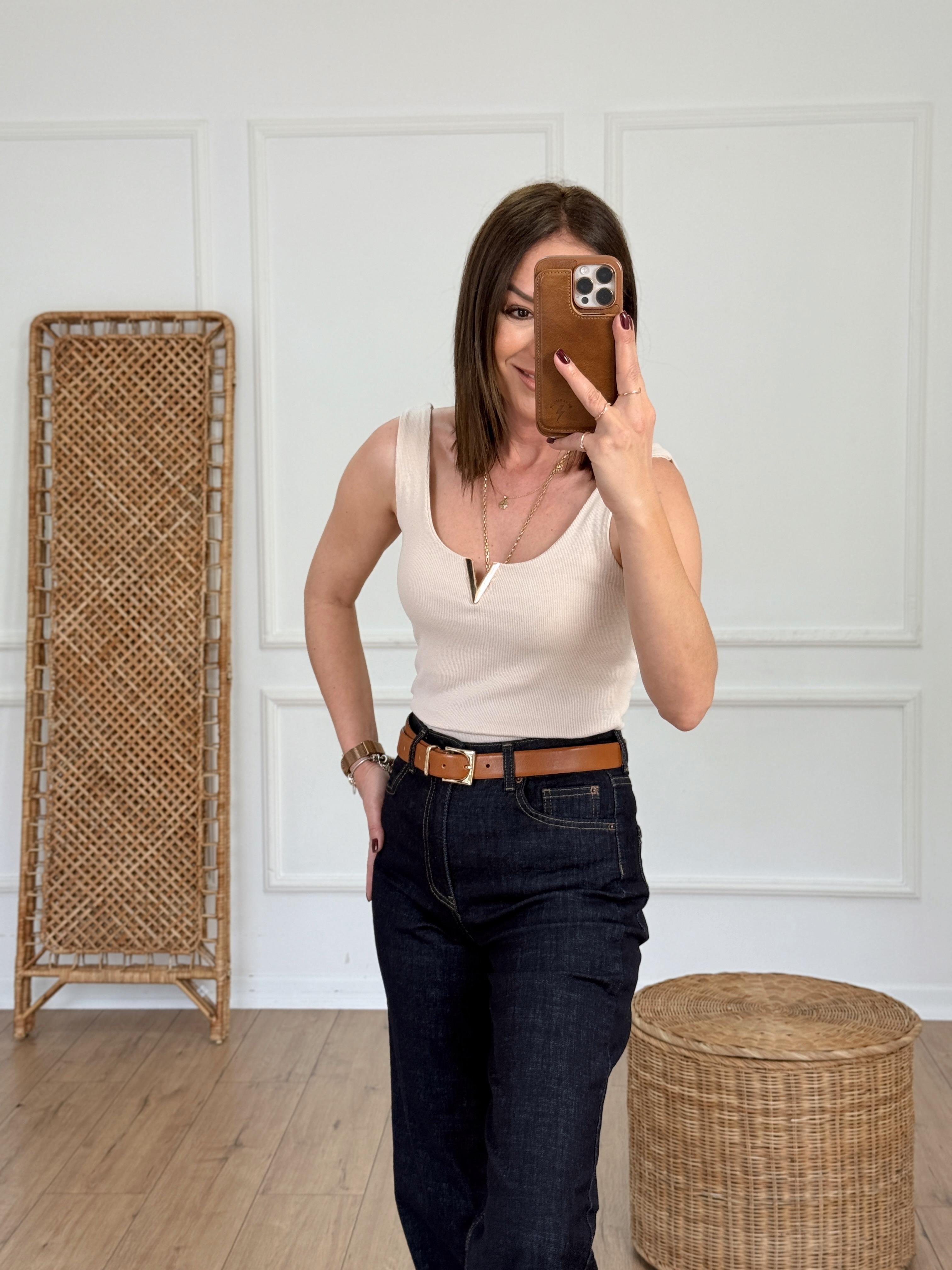 Ribbed Tank Top with V Accessory Beige