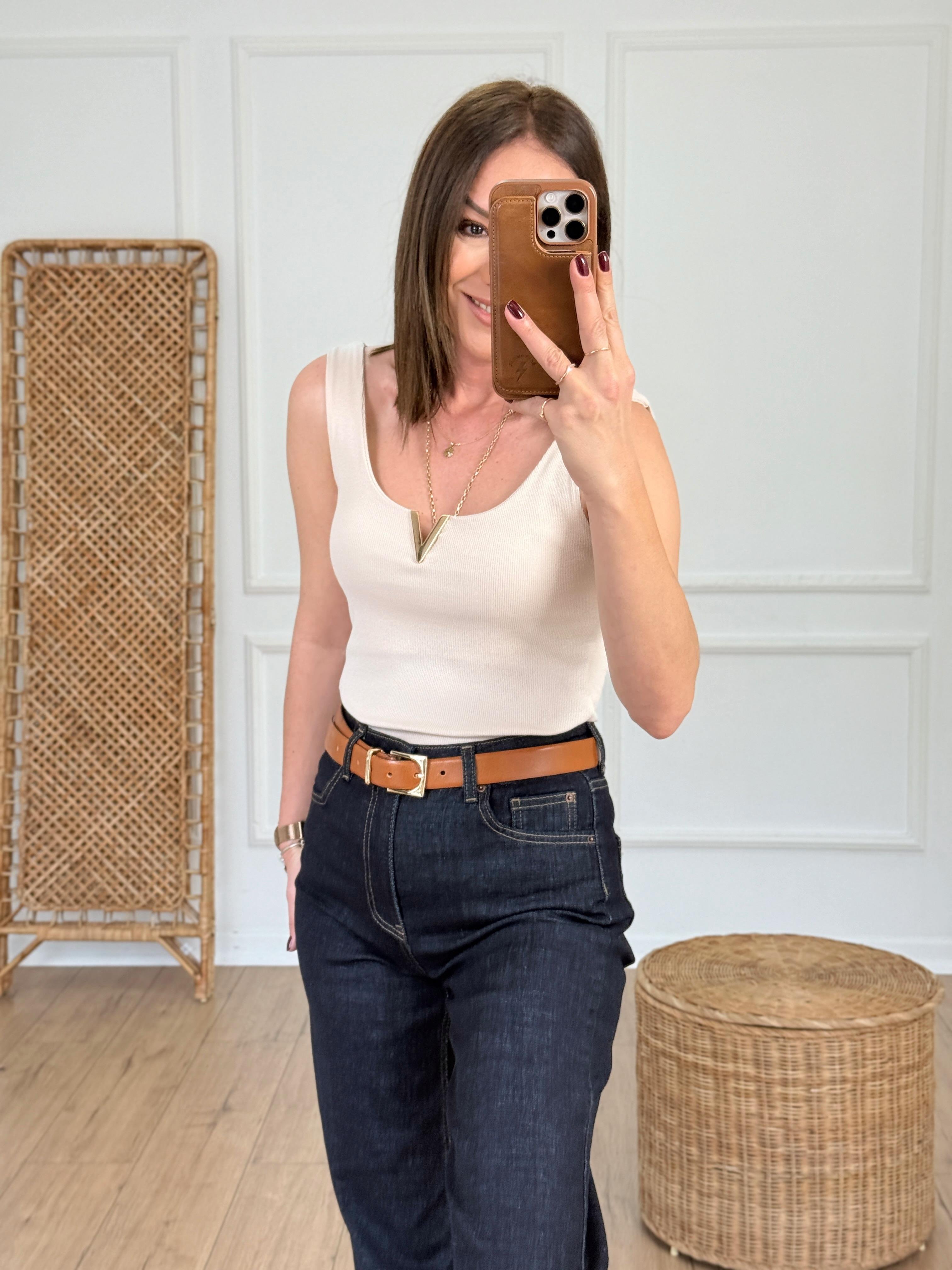 Ribbed Tank Top with V Accessory Beige