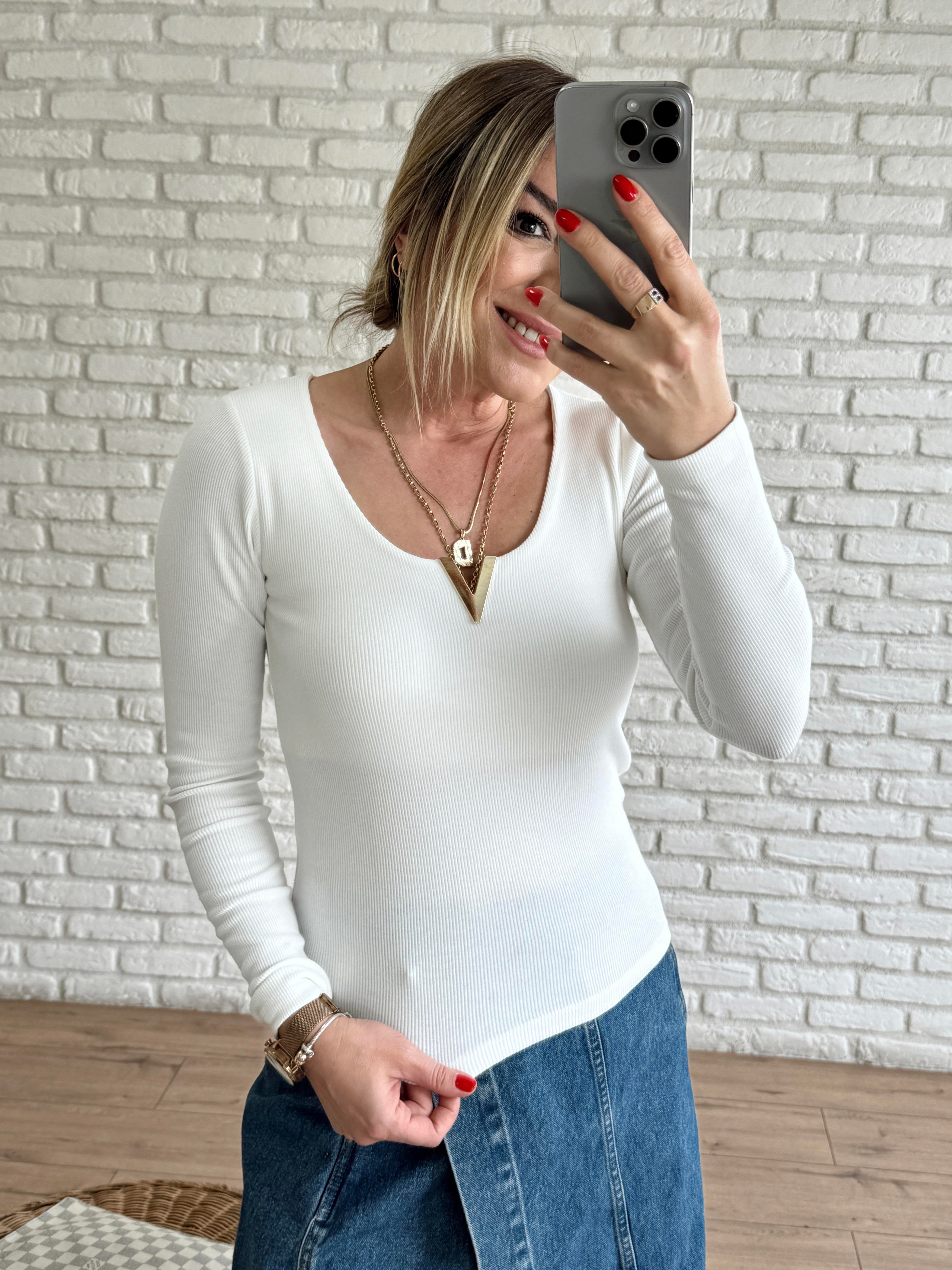 V Aksesuarlı Fitilli Bluz EKRU