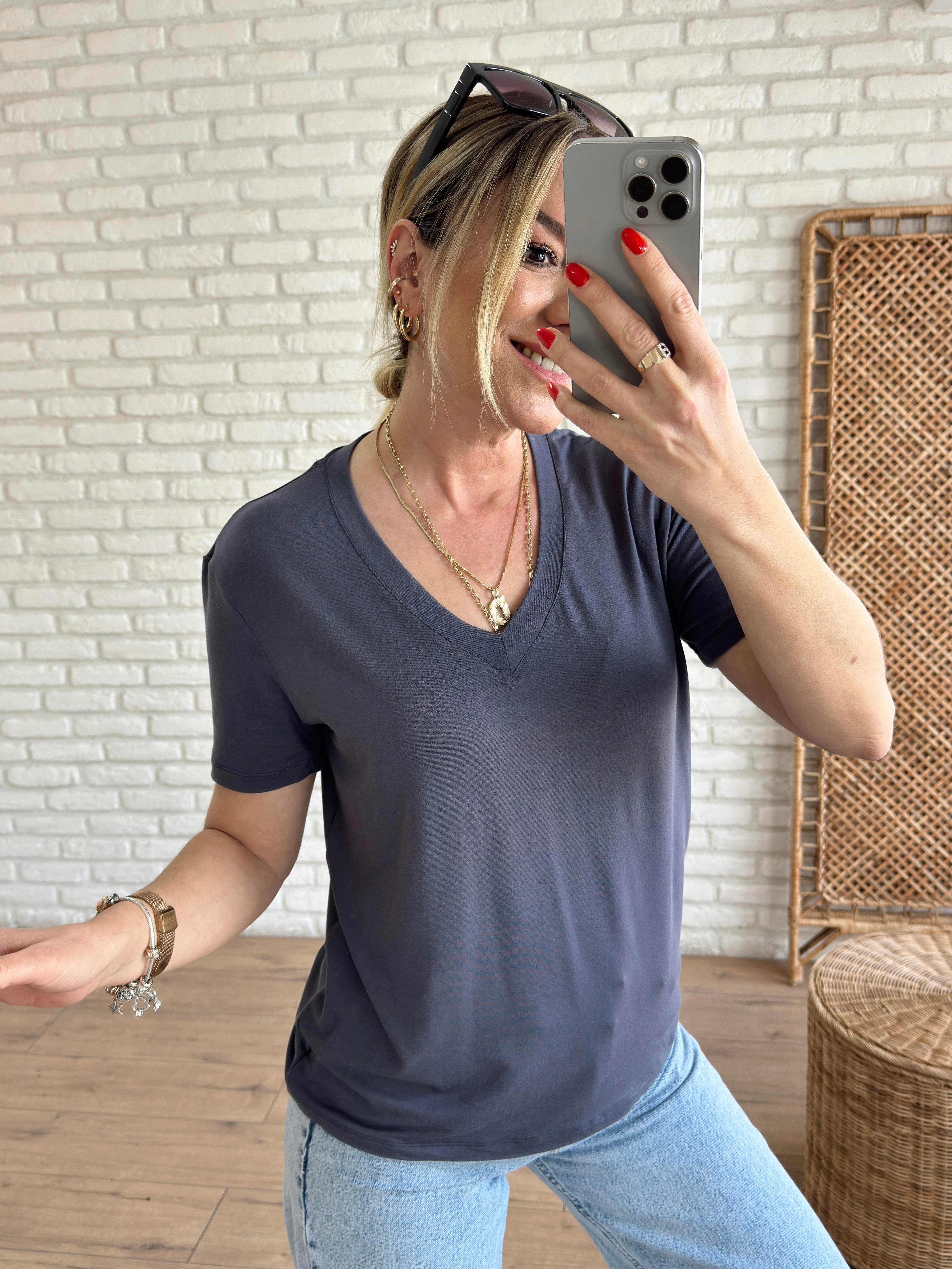 V Yaka Modal Kumaş Tshirt ANTRASİT