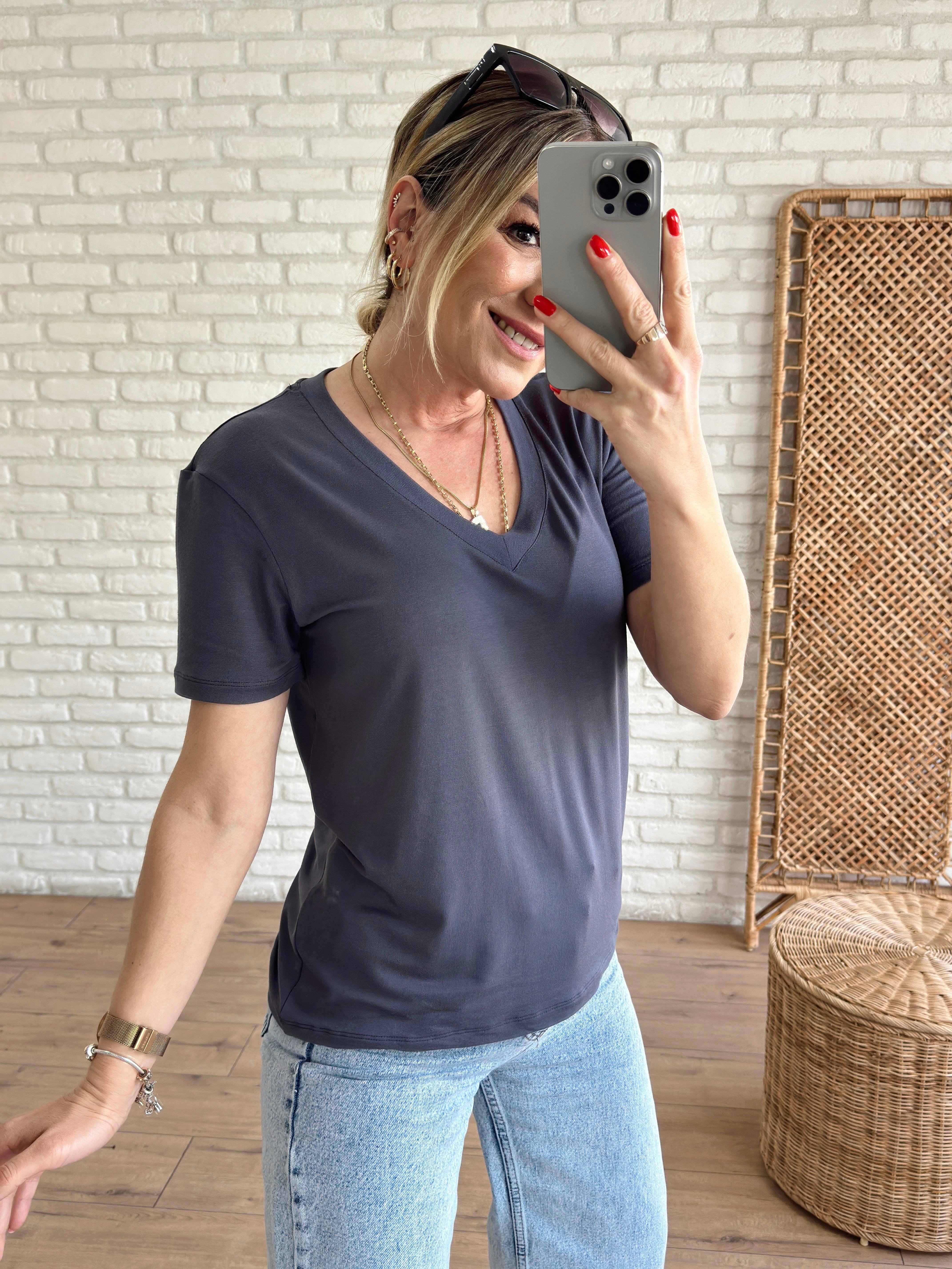 V Yaka Modal Kumaş Tshirt ANTRASİT