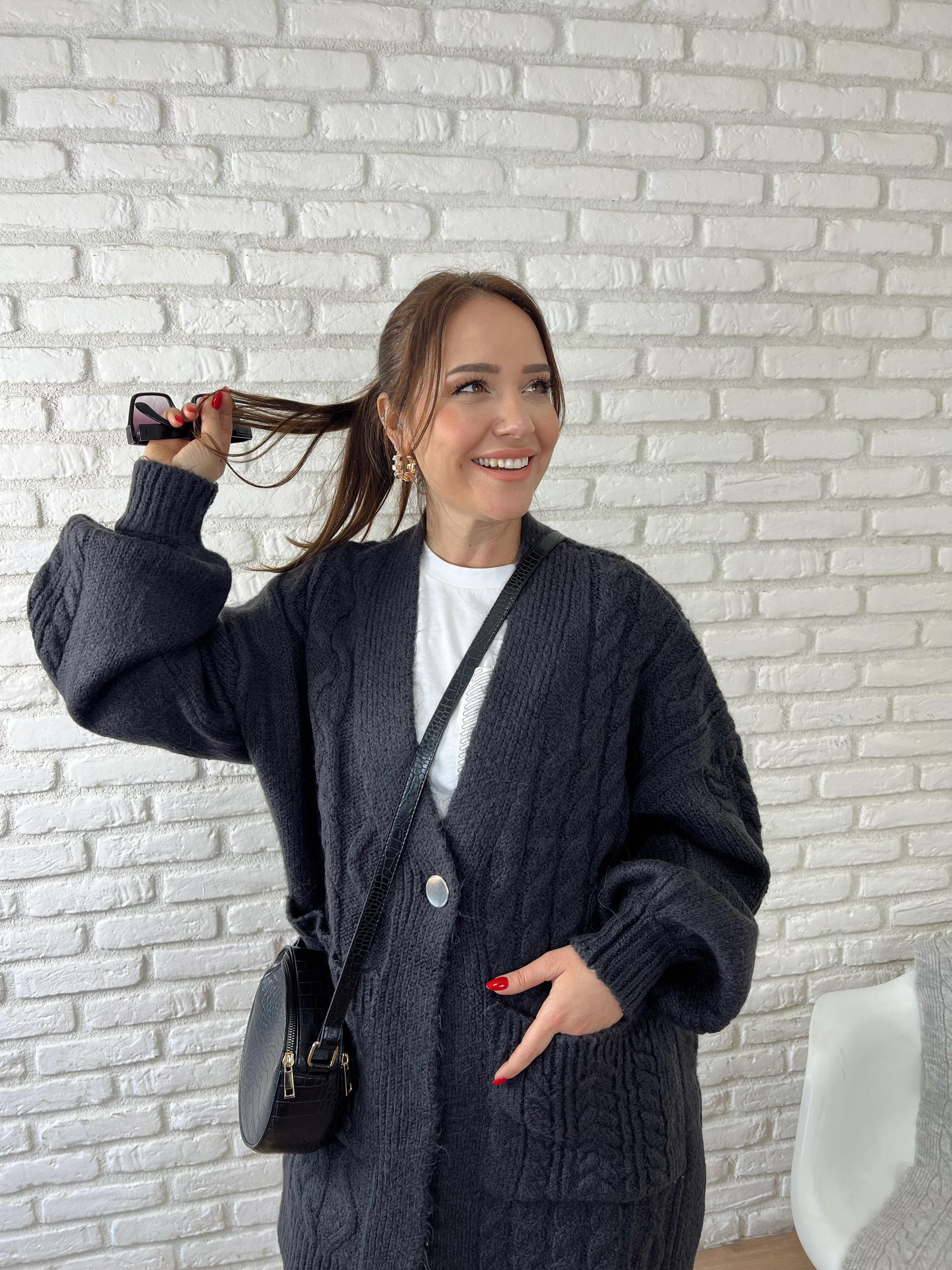 V Yaka Tek Düğmeli Cepli Hırka FÜME