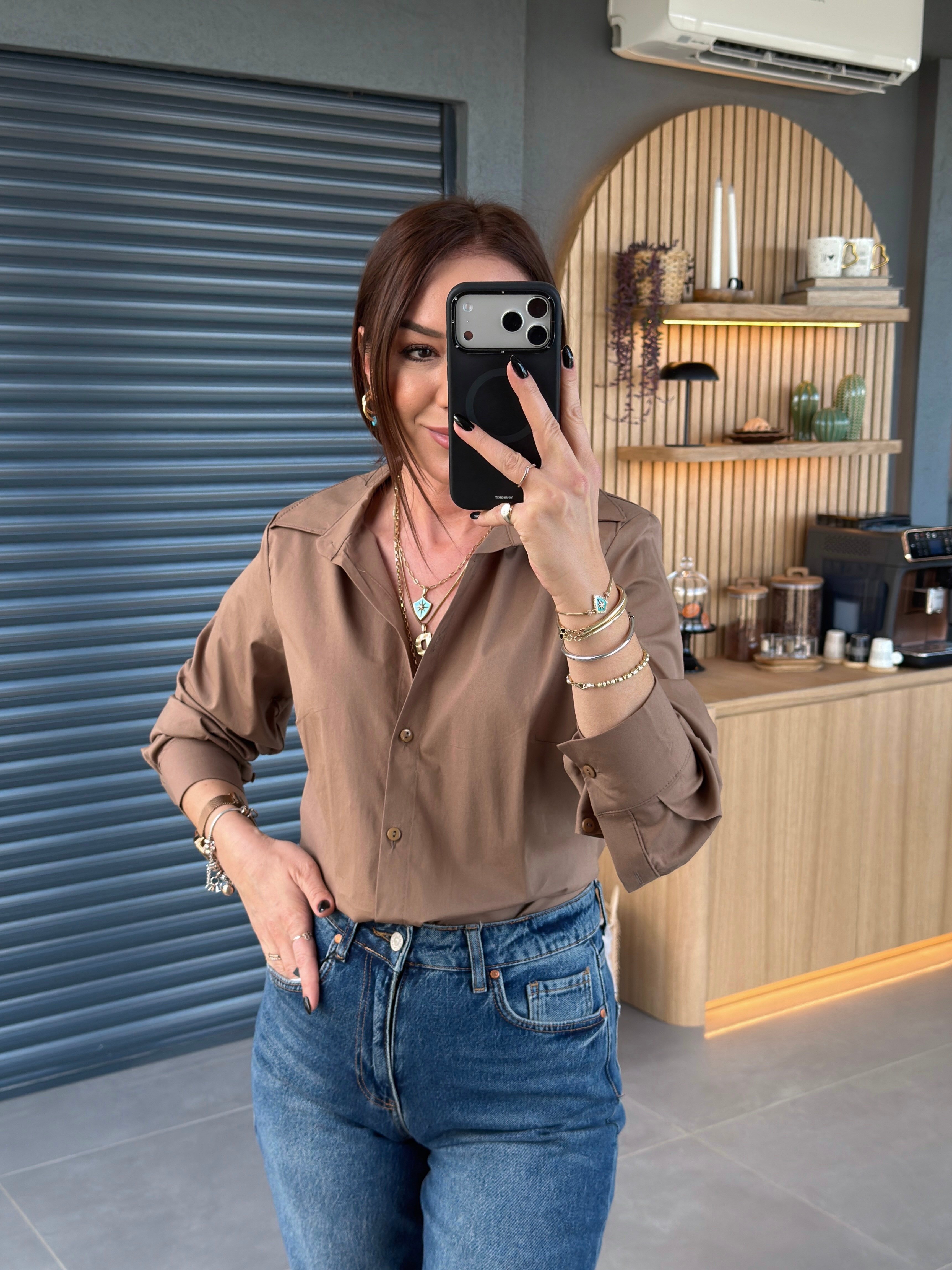Vatkalı Slim Fit Likralı Gömlek KAHVE