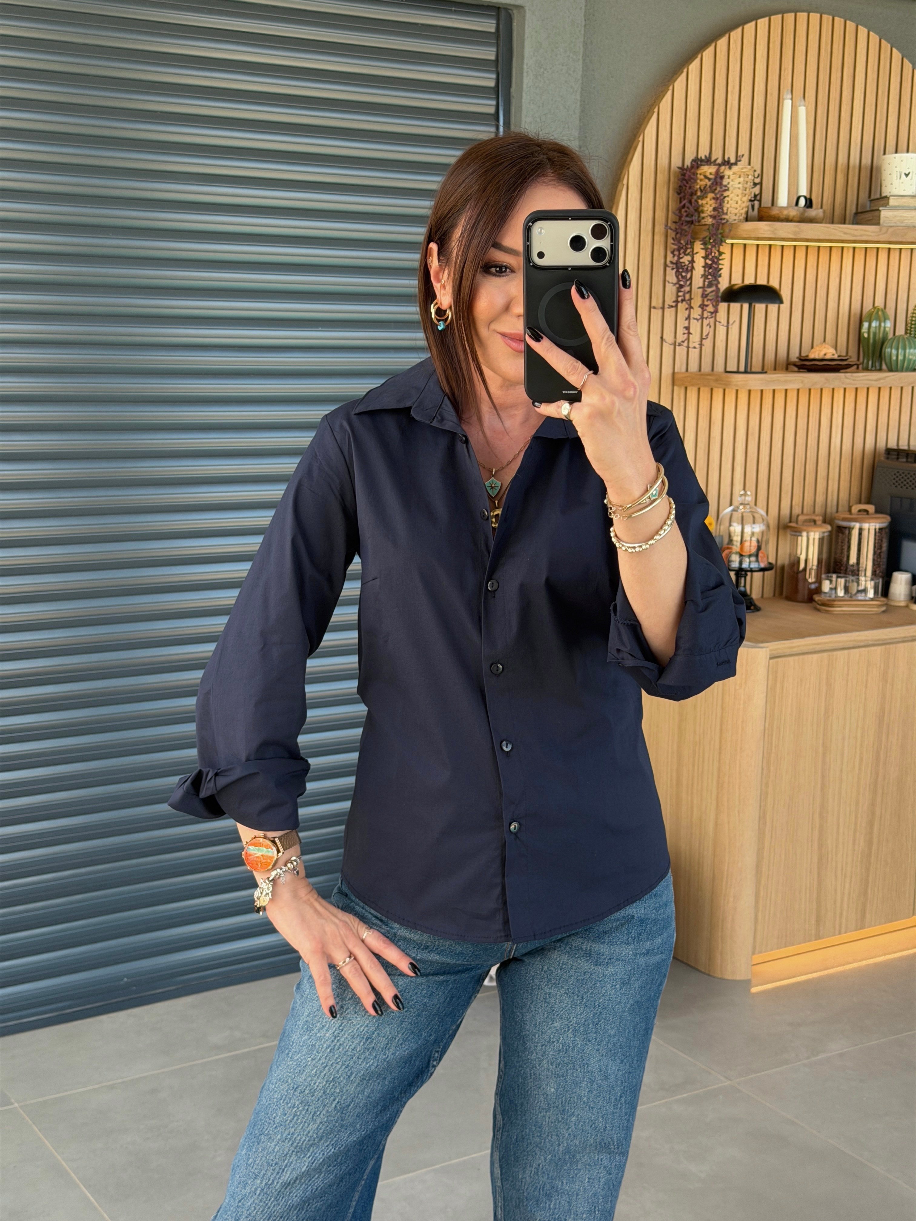 Vatkalı Slim Fit Likralı Gömlek LACİVERT