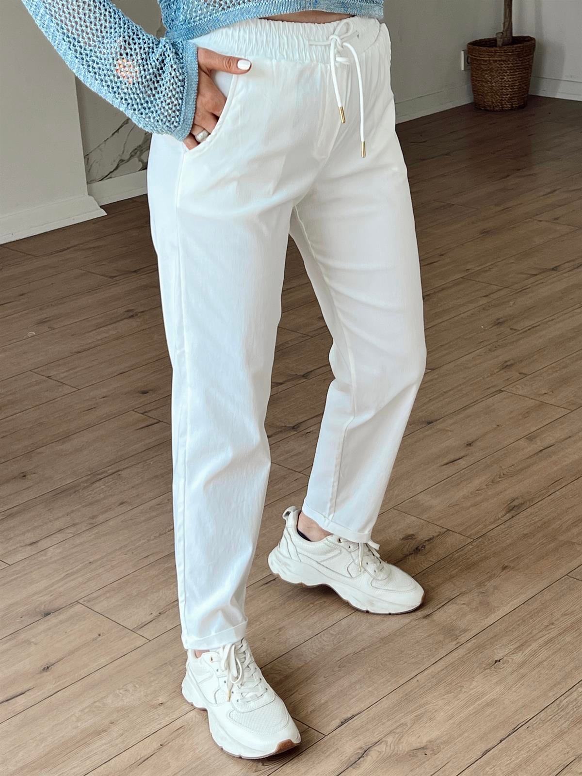 X-154 BELİ LASTİKLİ DUBLE PAÇA PANTOLON BEYAZ