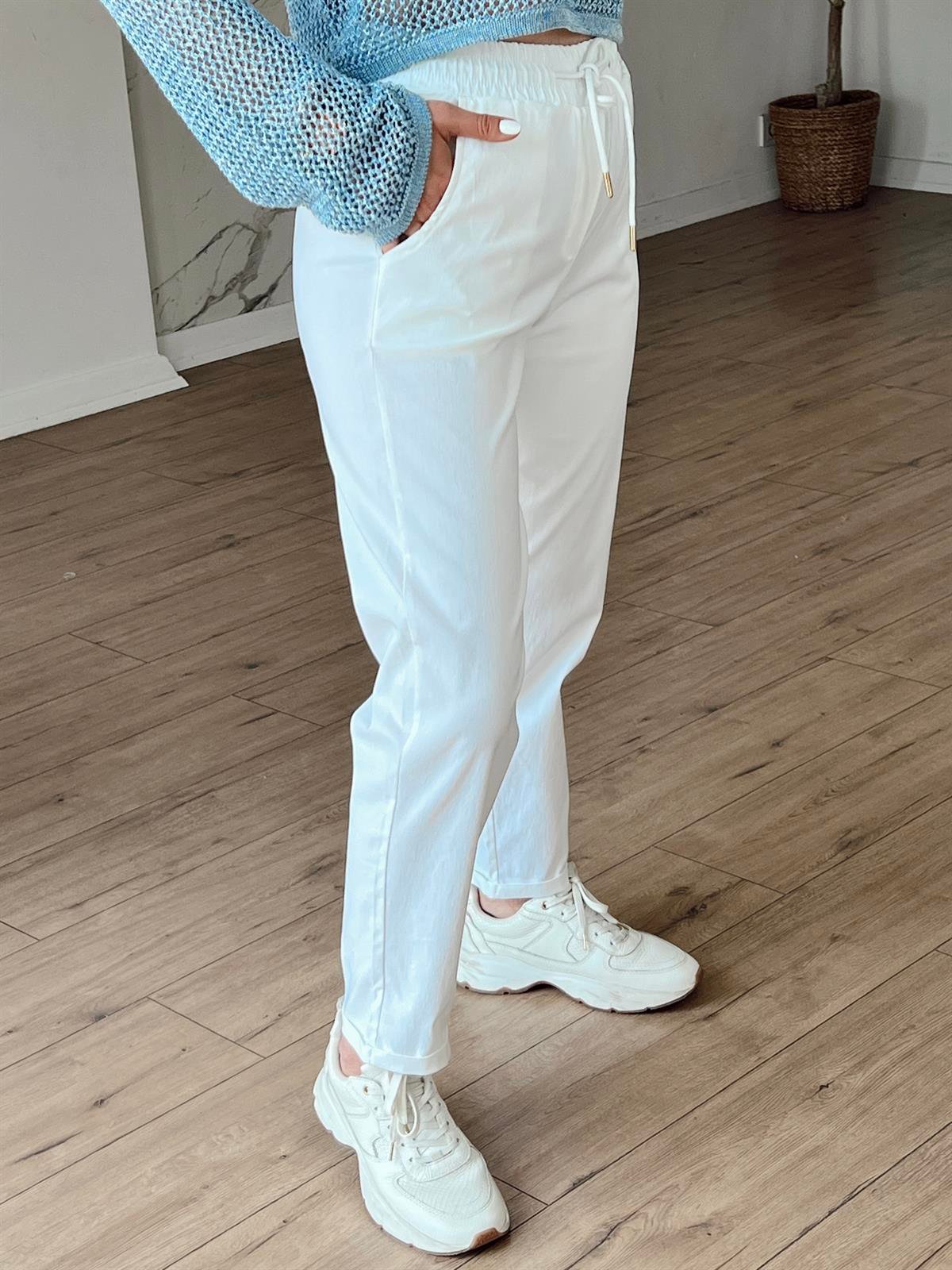 X-154 BELİ LASTİKLİ DUBLE PAÇA PANTOLON BEYAZ