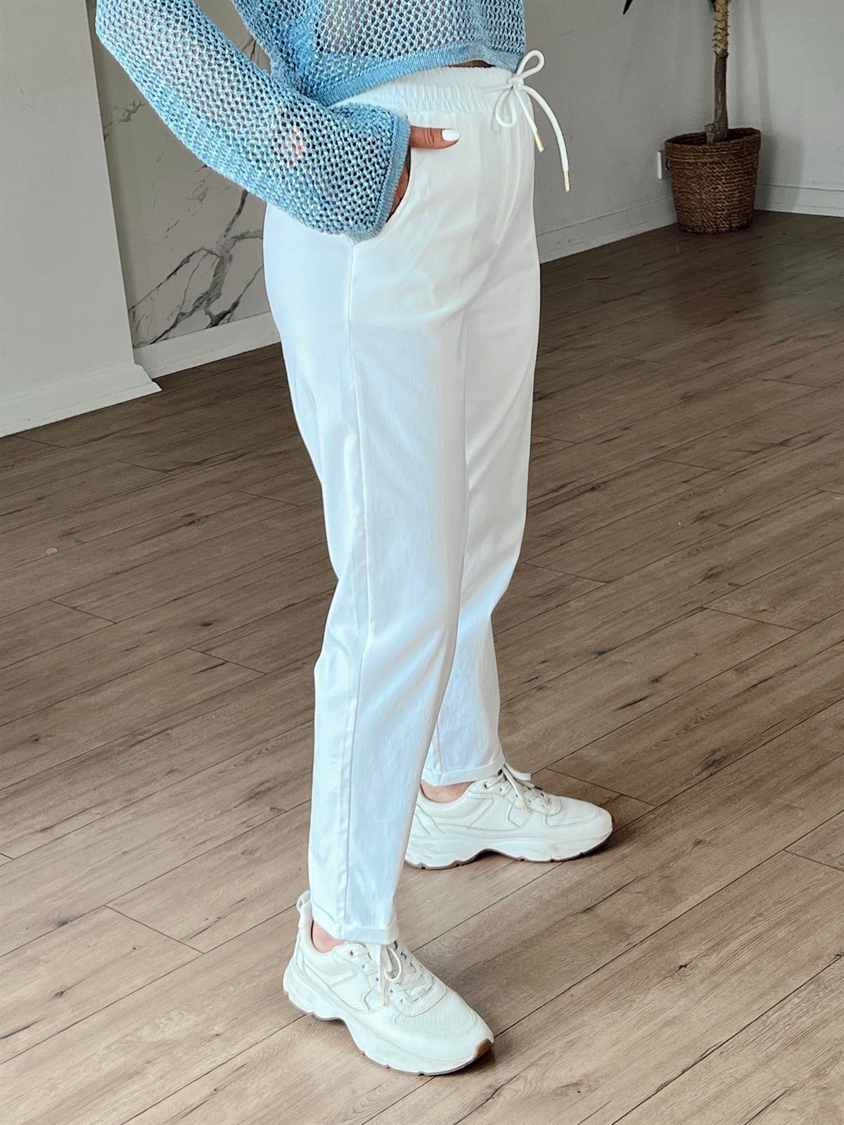 X-154 BELİ LASTİKLİ DUBLE PAÇA PANTOLON BEYAZ