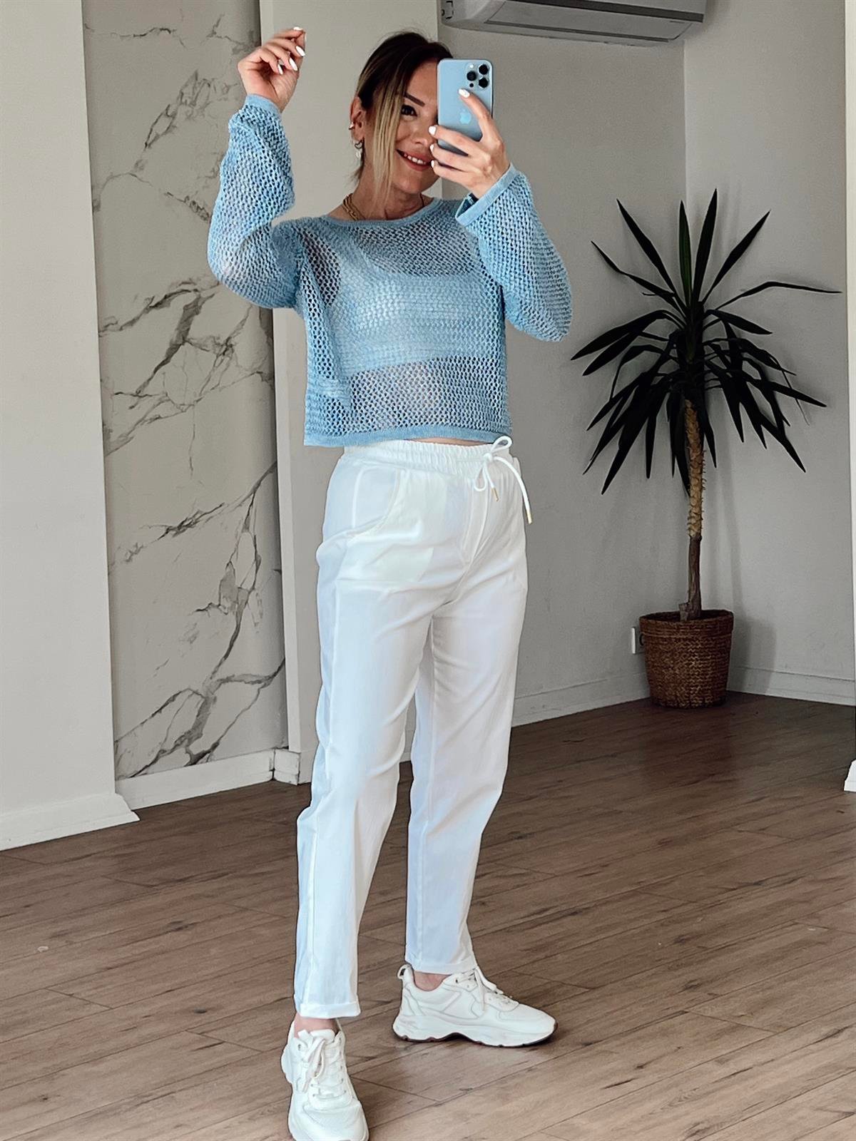 X-154 BELİ LASTİKLİ DUBLE PAÇA PANTOLON BEYAZ