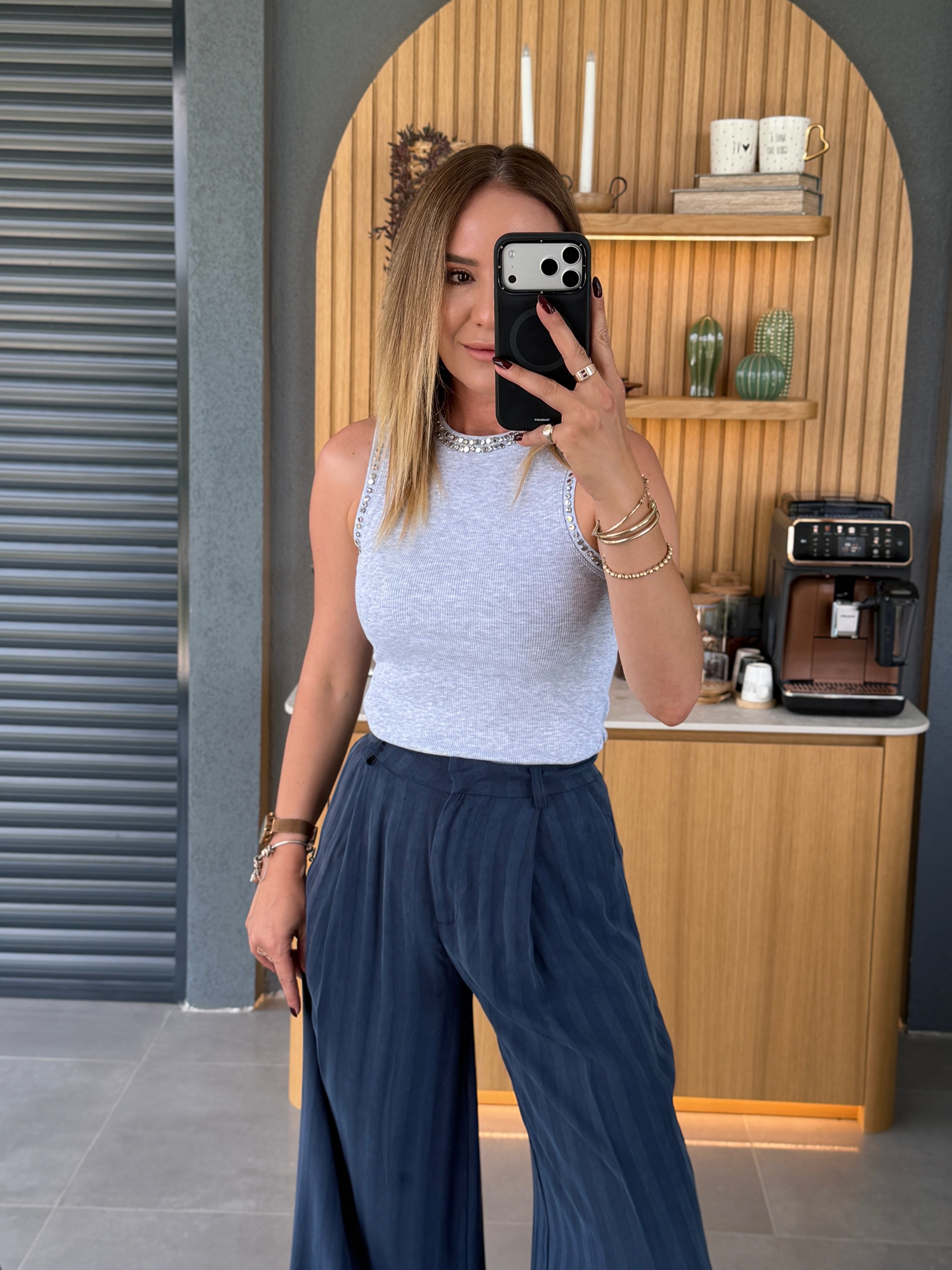 Yaka Ve Kol Taşlı Body GRİ