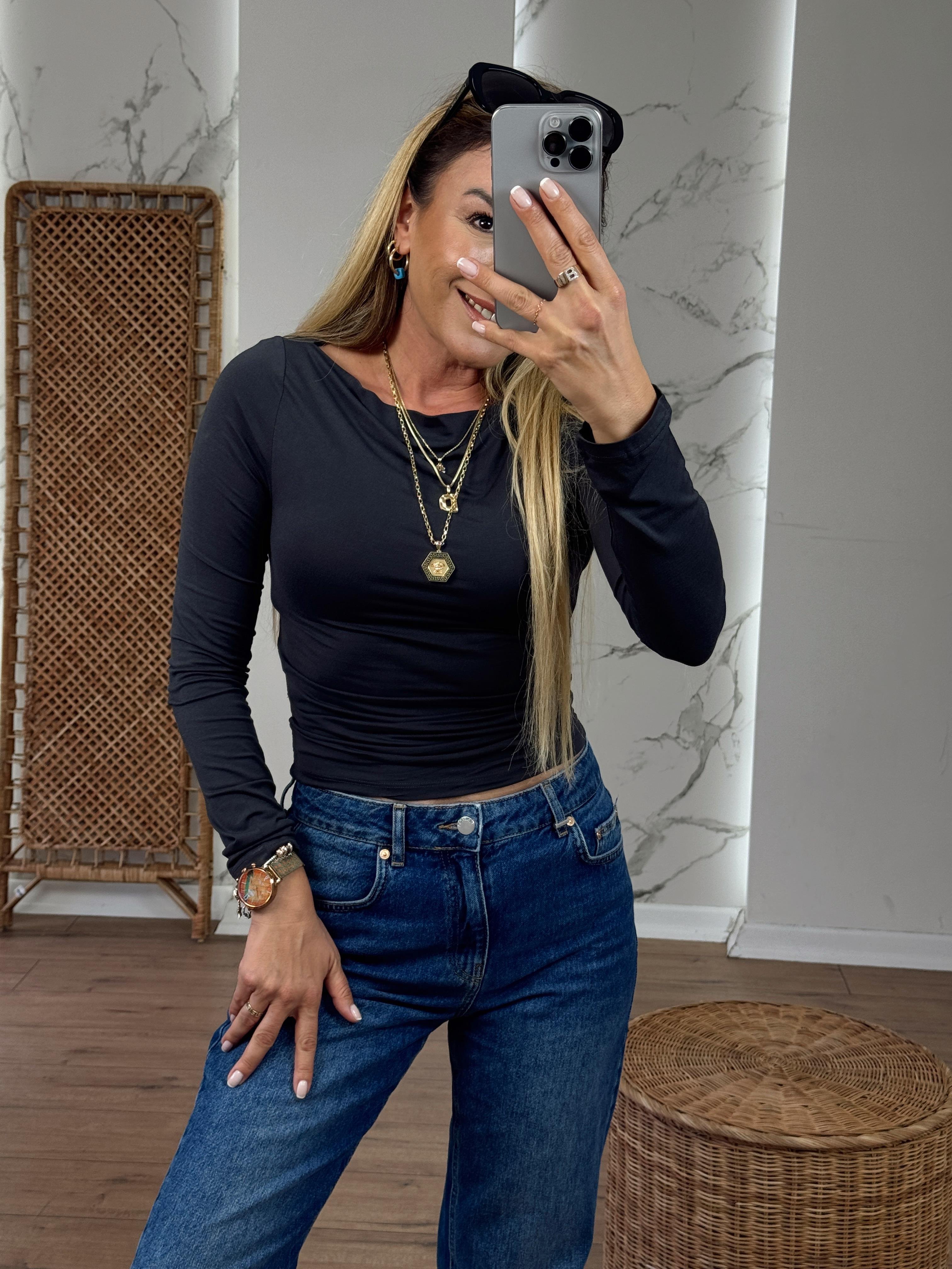 Yanları Büzgülü Kayık Yaka Uzun Kollu Body ANTRASİT