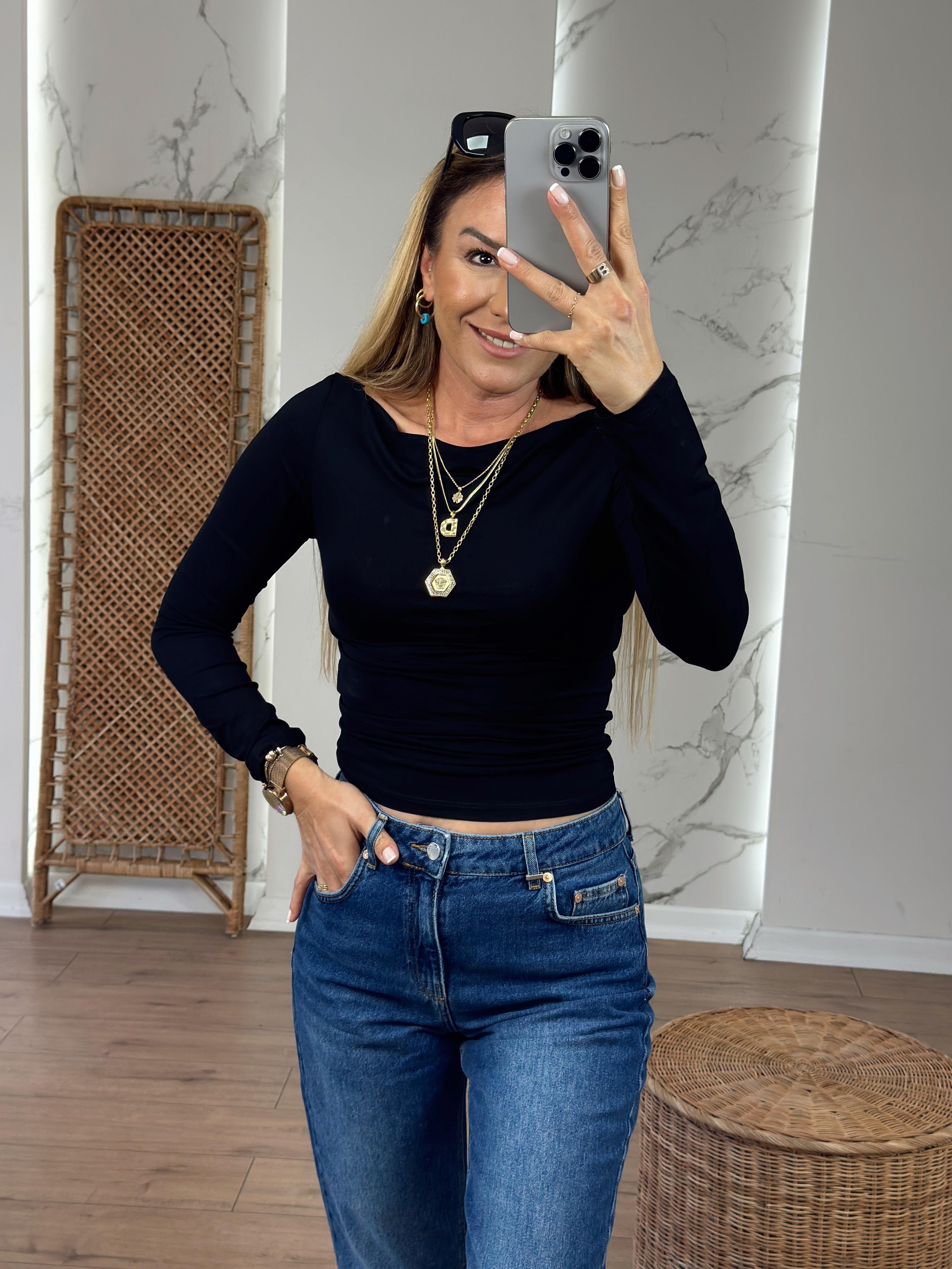Yanları Büzgülü Kayık Yaka Uzun Kollu Body SİYAH