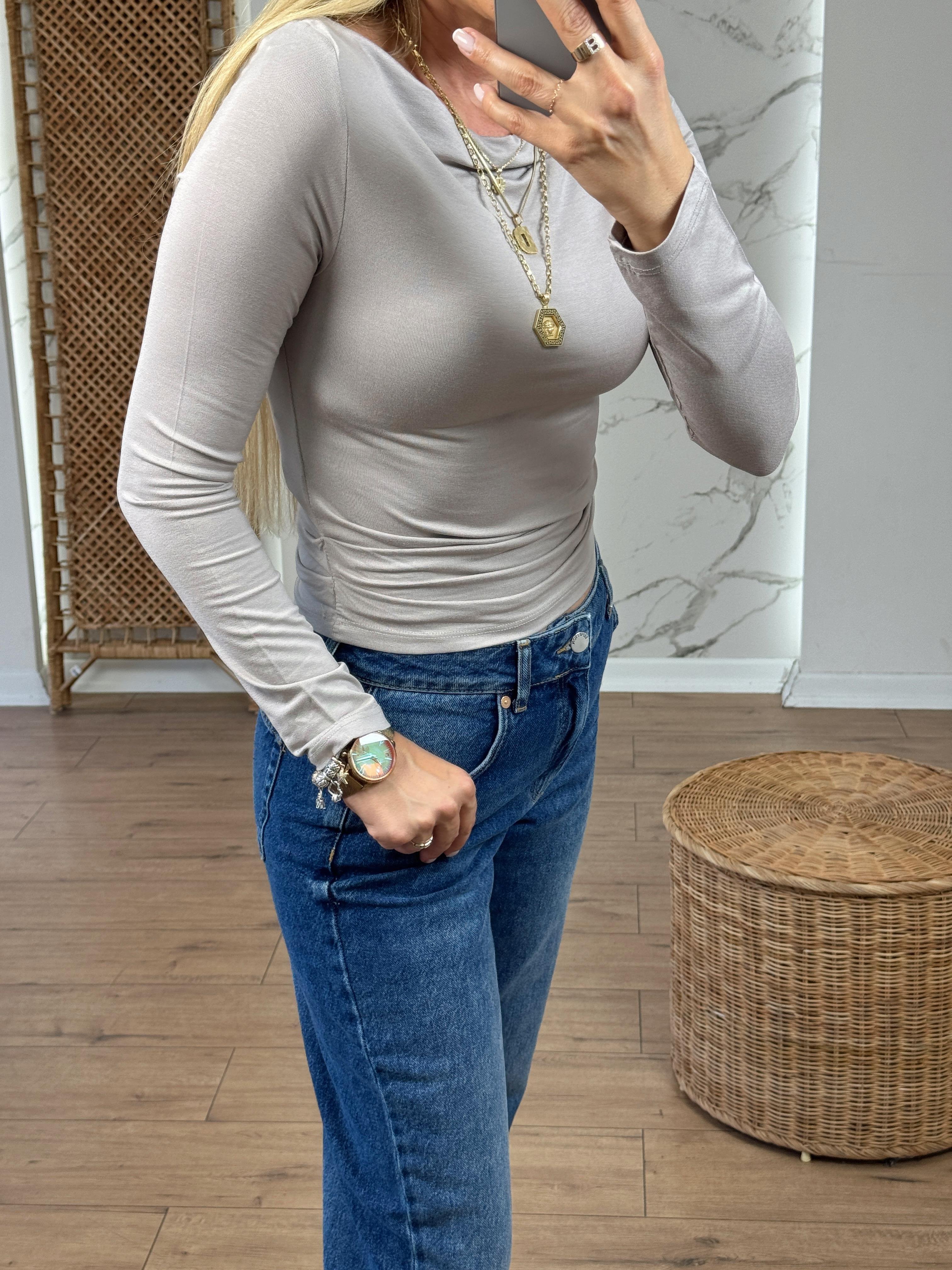 Yanları Büzgülü Kayık Yaka Uzun Kollu Body TAŞ