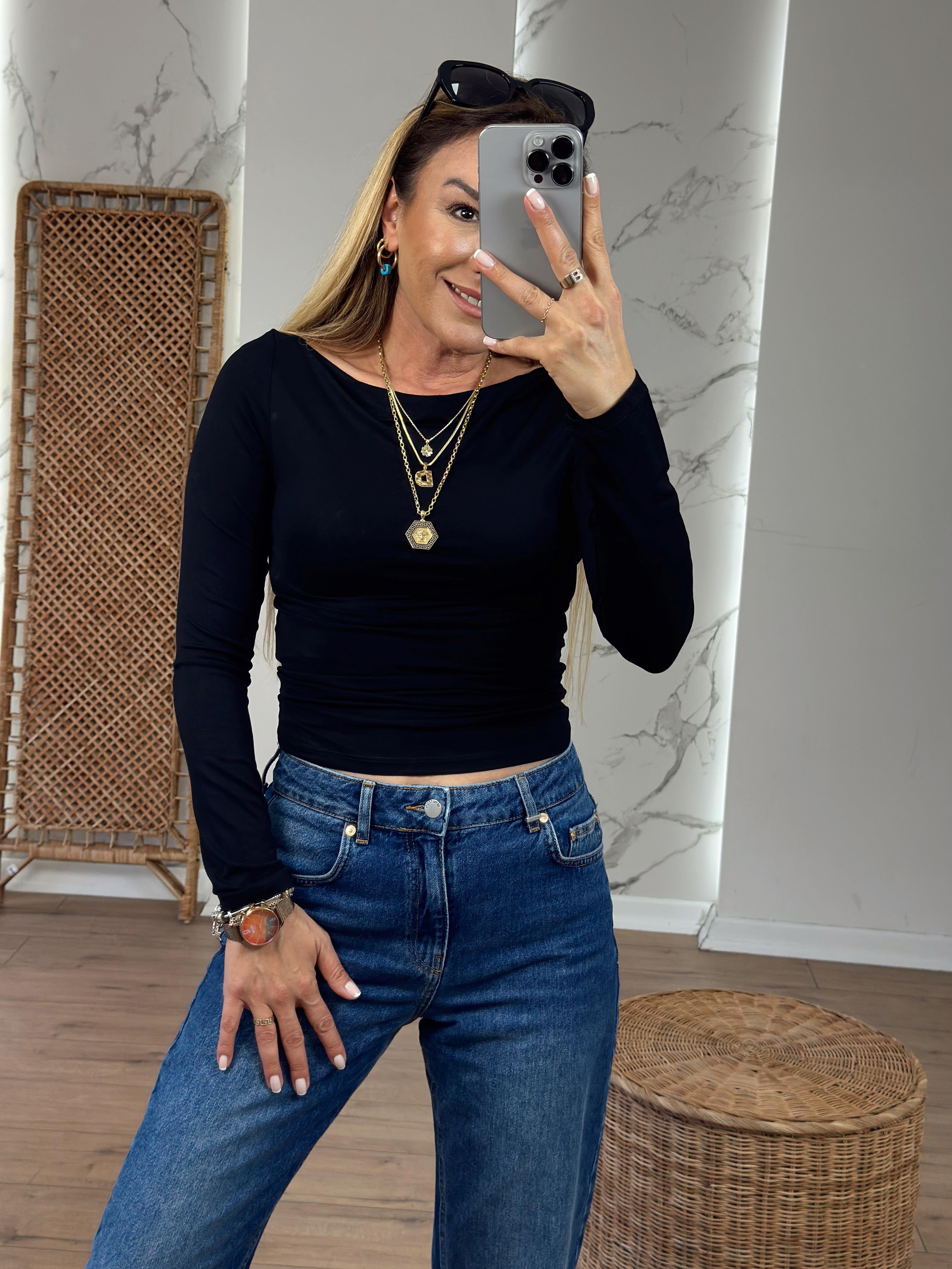 Yanları Büzgülü Kayık Yaka Uzun Kollu Body SİYAH