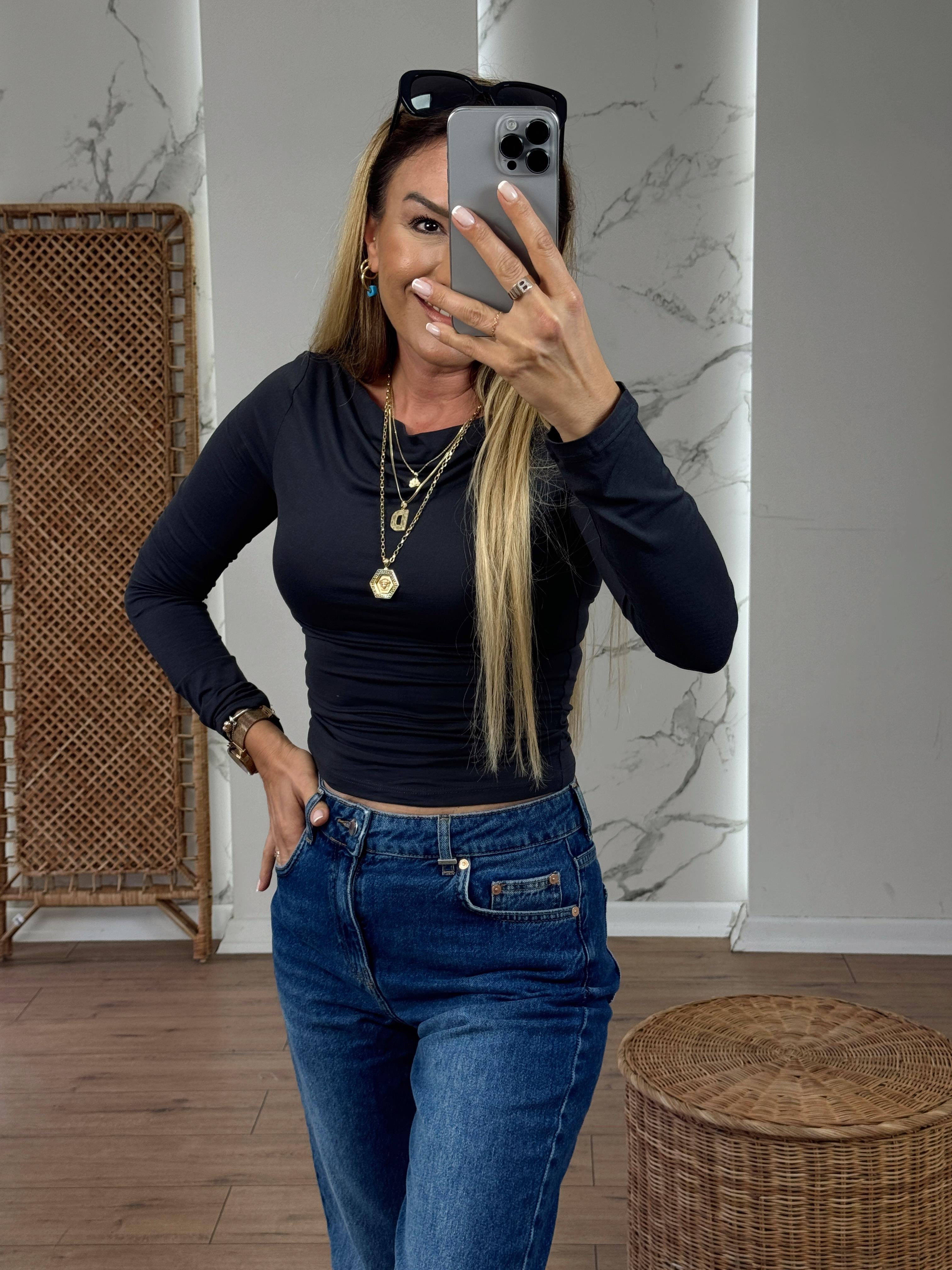Yanları Büzgülü Kayık Yaka Uzun Kollu Body ANTRASİT