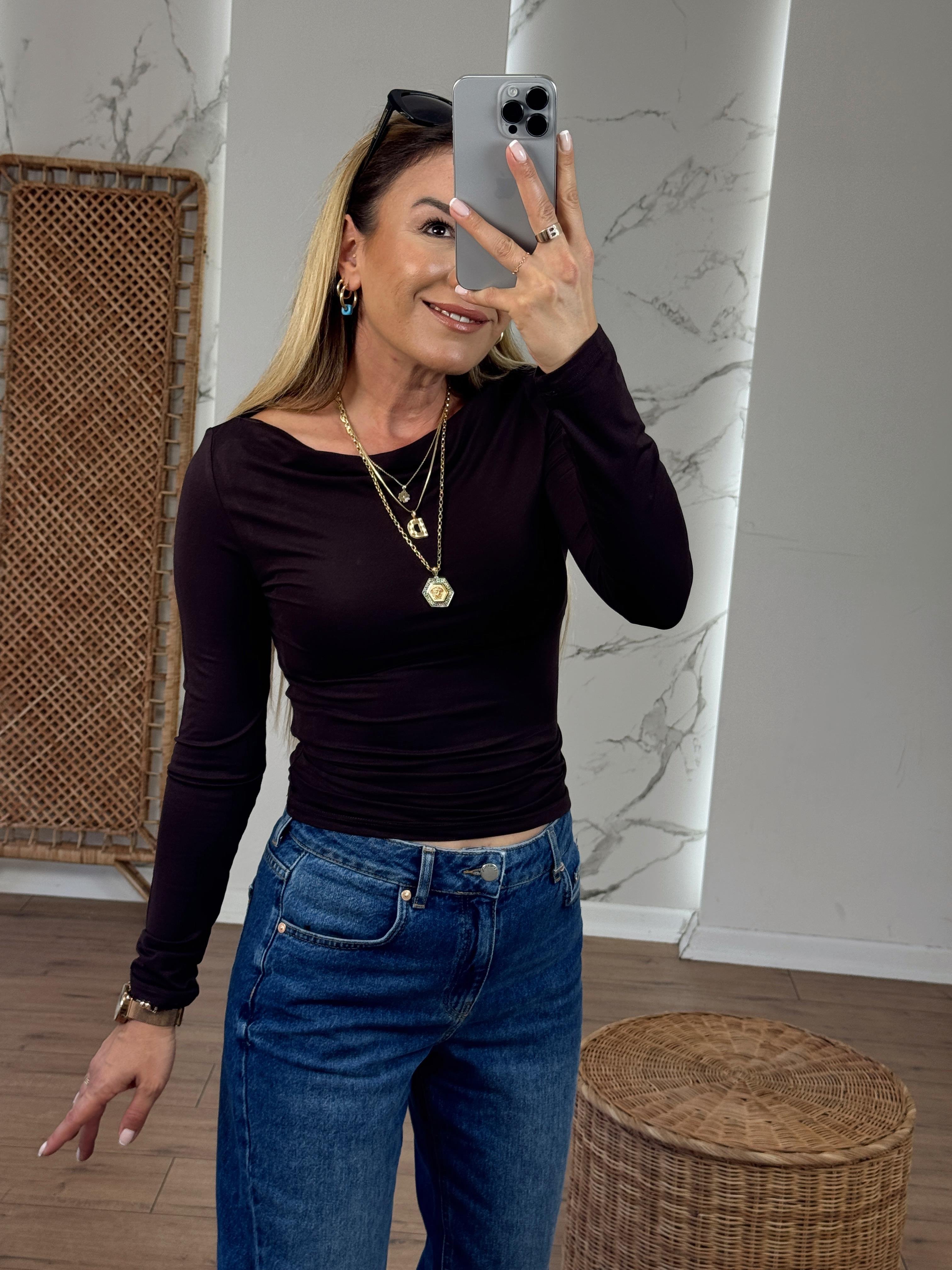 Yanları Büzgülü Kayık Yaka Uzun Kollu Body KAHVE